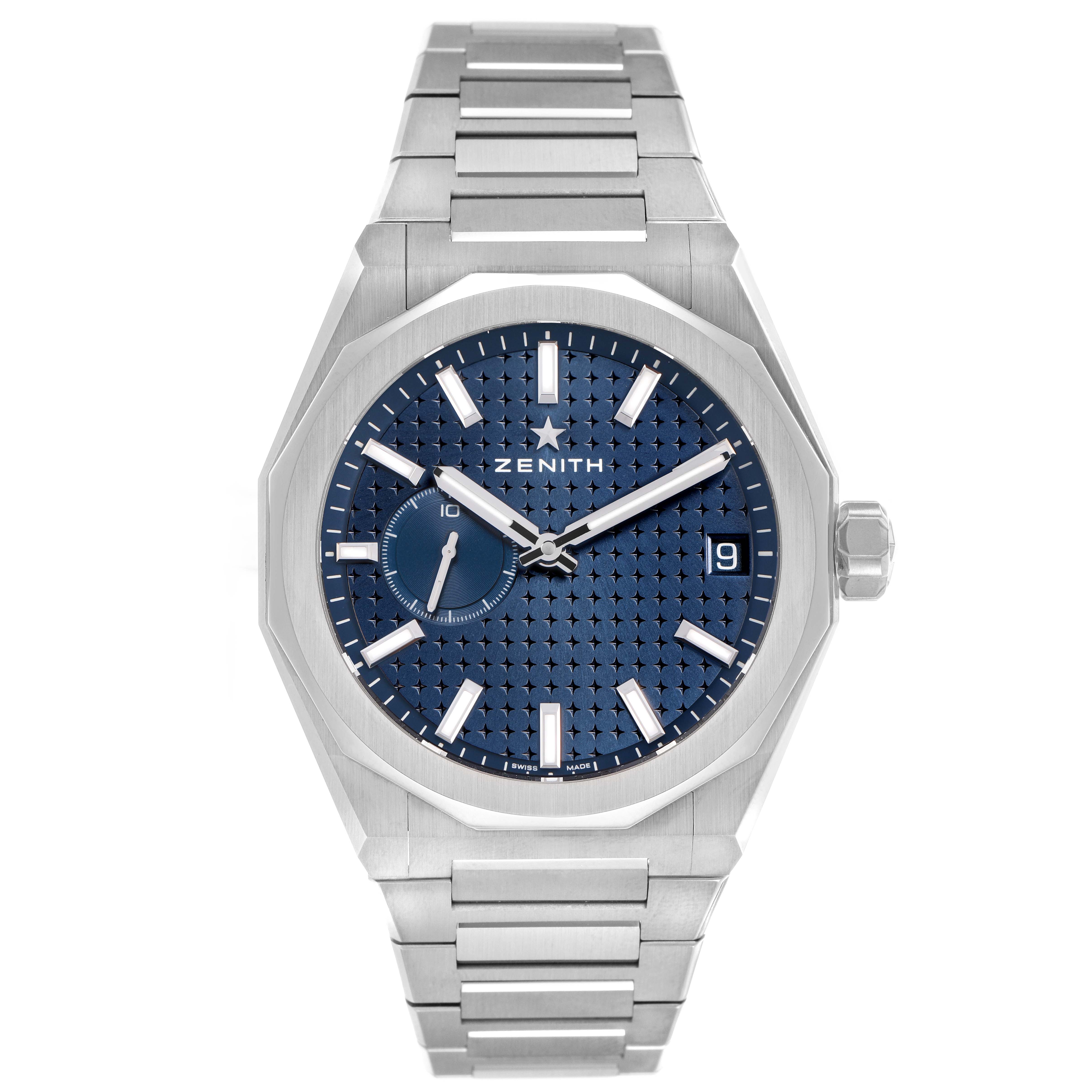 The Zenith Defy 03.9300.3620 / 51.I001 Men's Stainless Steel Blue Dial watch is shown from a front angle, highlighting its blue dial, date window, and stainless steel bracelet.