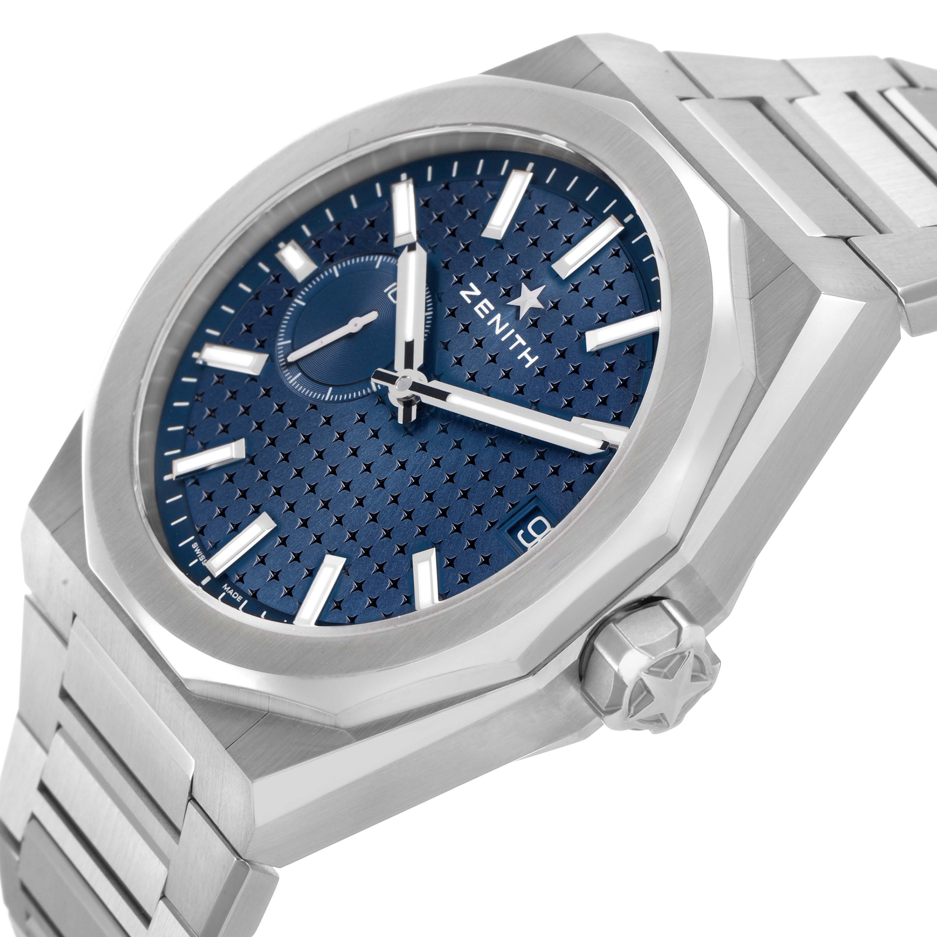 The Zenith Defy 03.9300.3620 / 51.I001 Men's Stainless Steel Blue Dial model watch is shown at an angle highlighting the face, bezel, crown, and part of the bracelet.