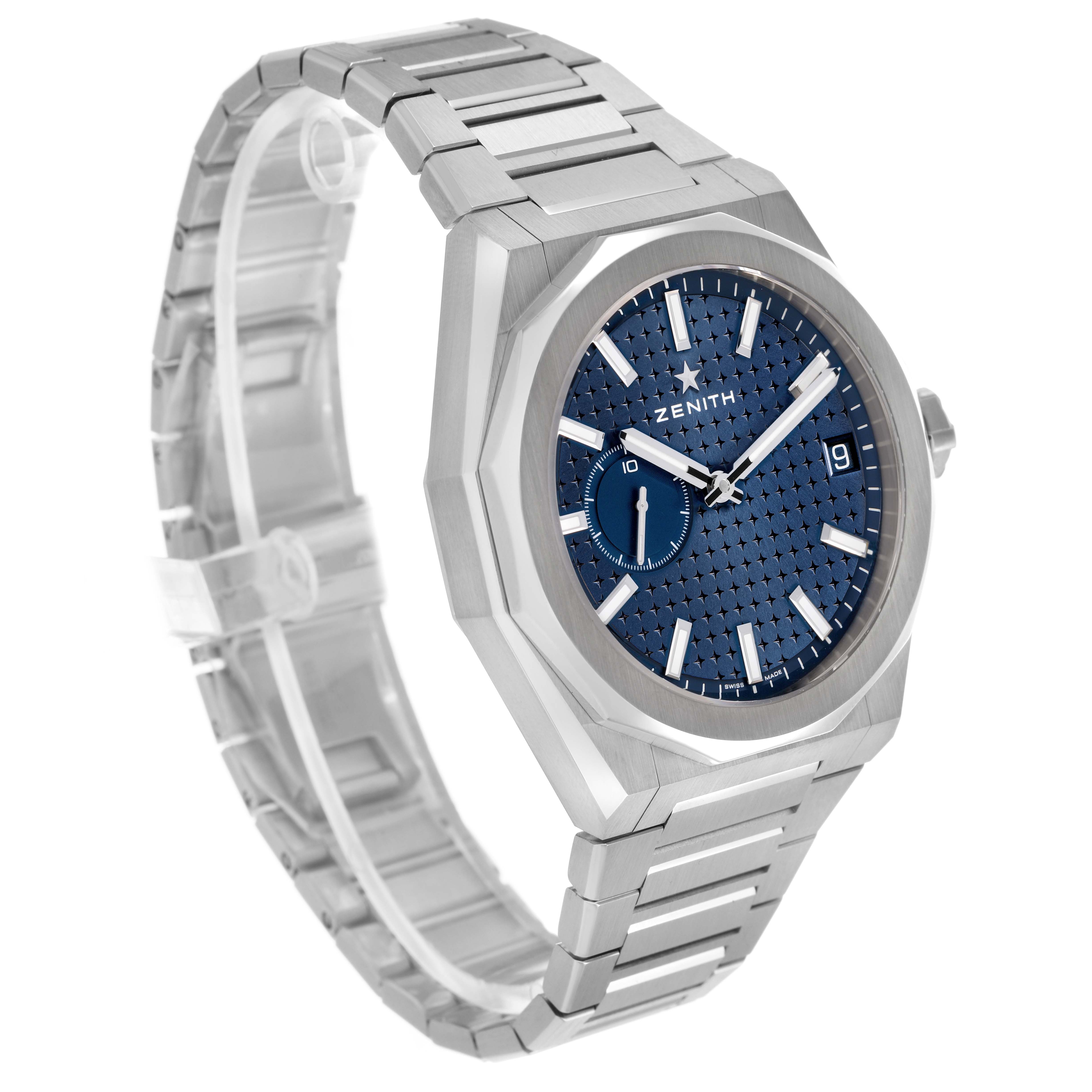 The Zenith Defy 03.9300.3620 / 51.I001 Men's Stainless Steel Blue Dial watch is shown at a three-quarter angle, highlighting the bracelet, case, dial, and side profile.