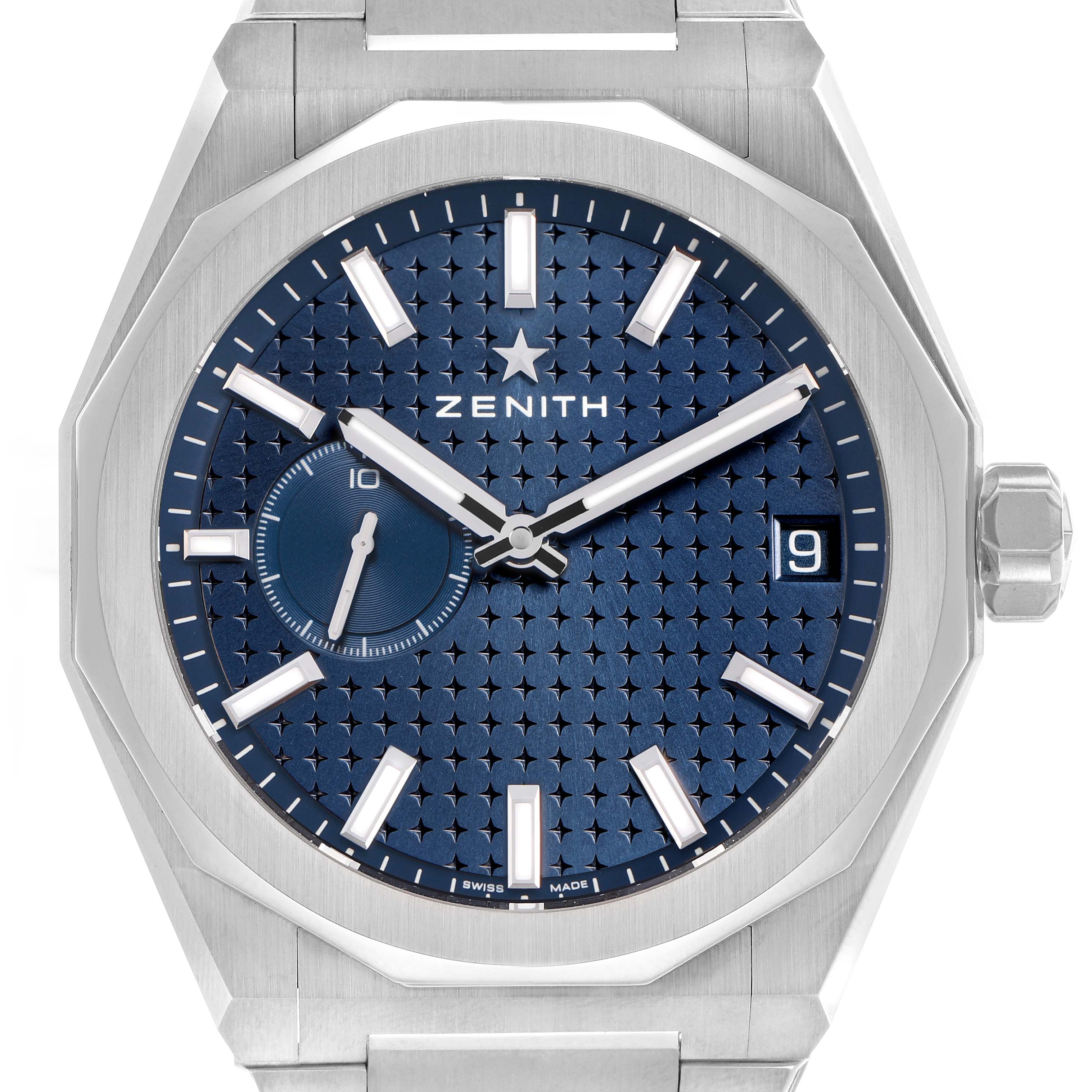 The Zenith Defy 03.9300.3620 / 51.I001 Men's Stainless Steel Blue Dial watch is shown from a front angle, highlighting the dial, hour markers, and crown.