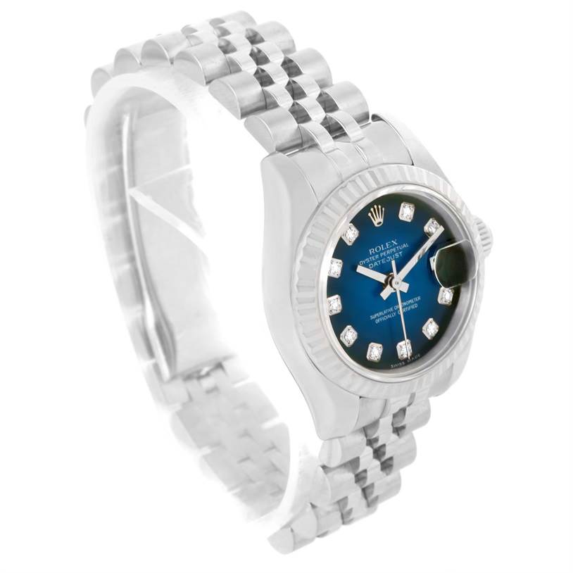The Datejust Steel White Gold Vignette Diamond Dial Watch 179174 by Rolex 179174 Women's Stainless Steel Blue Dial 179174 Women's Stainless Steel Blue Dial is shown at a three-quarter angle highlighting its bracelet and diamond dial.