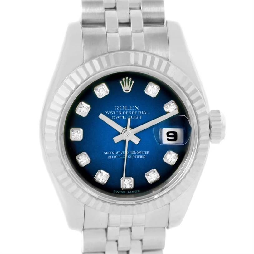 The image shows a front view of a Rolex 179174 Women's Stainless Steel Blue Dial 179174 Women's Stainless Steel Blue Dial Datejust Steel White Gold Vignette Diamond Dial Watch 179174, highlighting its face, bezel, and bracelet.