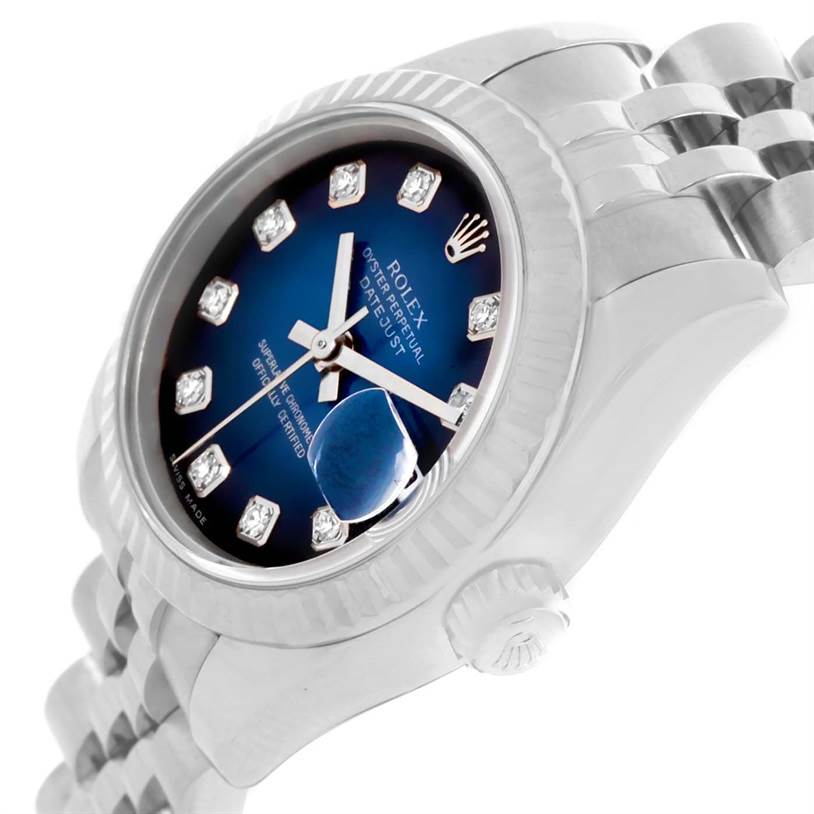 The image shows the Rolex 179174 Women's Stainless Steel Blue Dial 179174 Women's Stainless Steel Blue Dial Datejust 179174 at an oblique angle, highlighting the dial, bezel, and part of the bracelet.