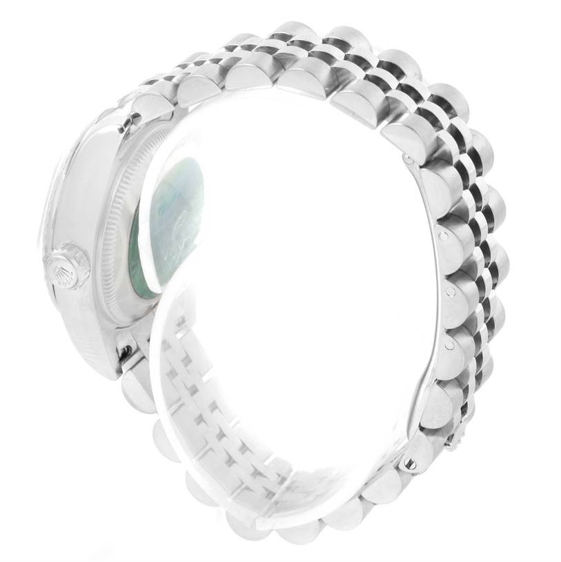 The image shows the side view of the Rolex 179174 Women's Stainless Steel Blue Dial 179174 Women's Stainless Steel Blue Dial Datejust Steel White Gold Vignette Diamond Dial Watch 179174, focusing on the bracelet and case.