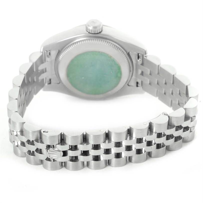 The image shows the back and bracelet of the Rolex 179174 Women's Stainless Steel Blue Dial 179174 Women's Stainless Steel Blue Dial Datejust Steel White Gold Vignette Diamond Dial Watch 179174.