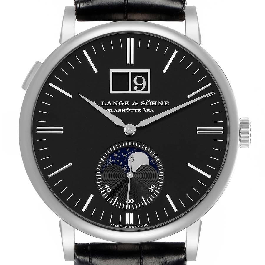 The A. Lange & Sohne Saxonia 384.029 Men's White Gold Black Dial watch is shown from the front, displaying the dial, hands, date, and moon phase indicator.