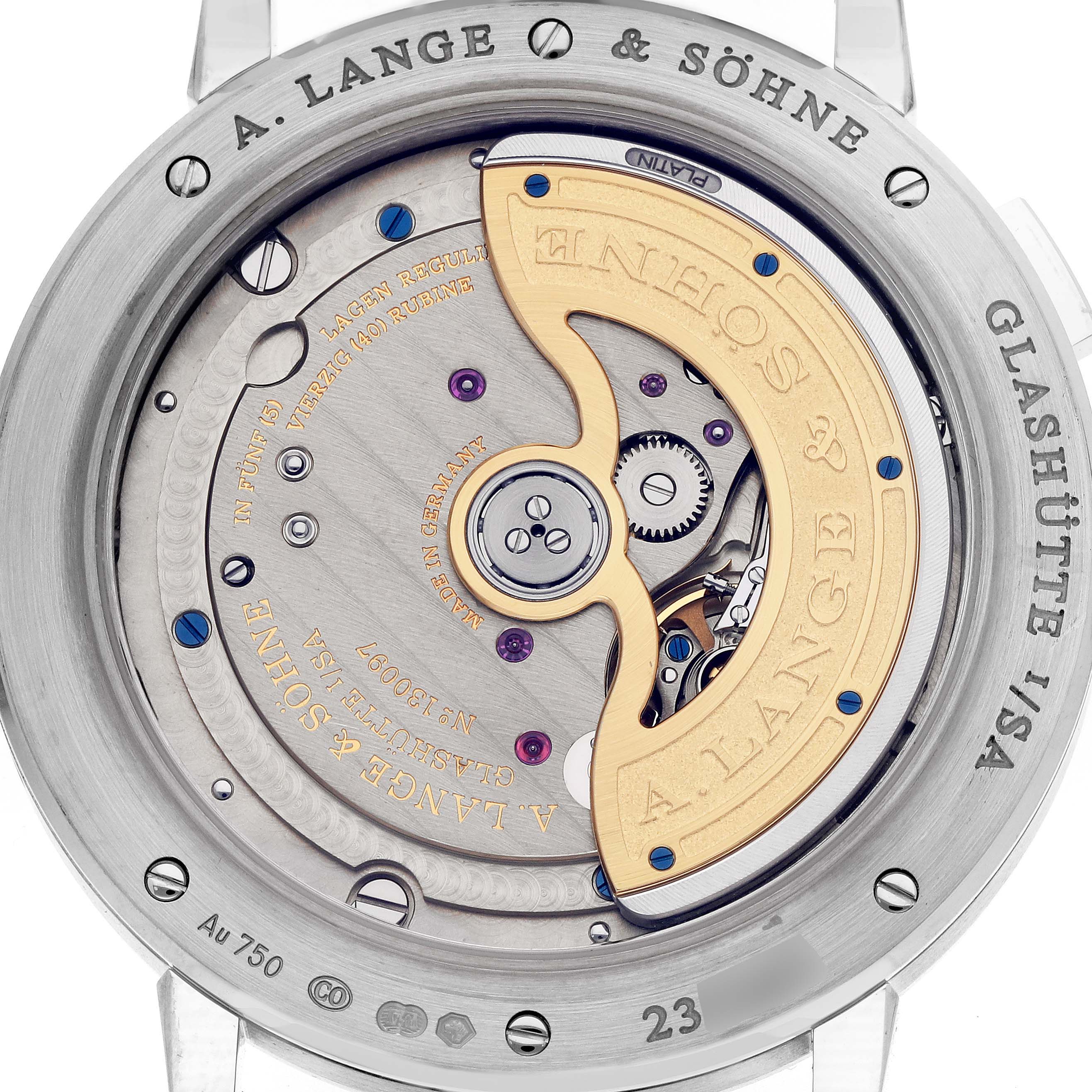 The image shows the back view of the A. Lange 
Sohne Saxonia 384.029 Men
s White Gold Black Dial watch, highlighting its intricate movement and rotor.