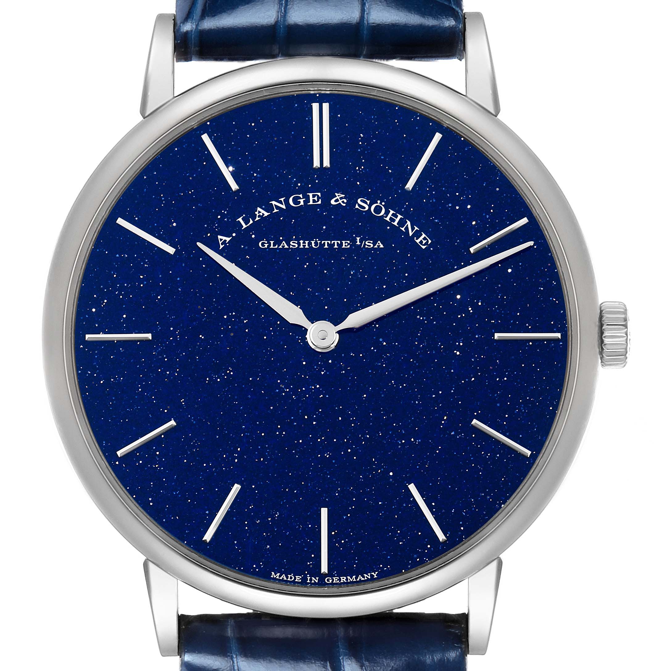 The A. Lange 
Sohne Saxonia 205.086 Men
s White Gold Blue Dial watch is shown from the front, highlighting its deep blue starry dial, silver hands, and leather strap.