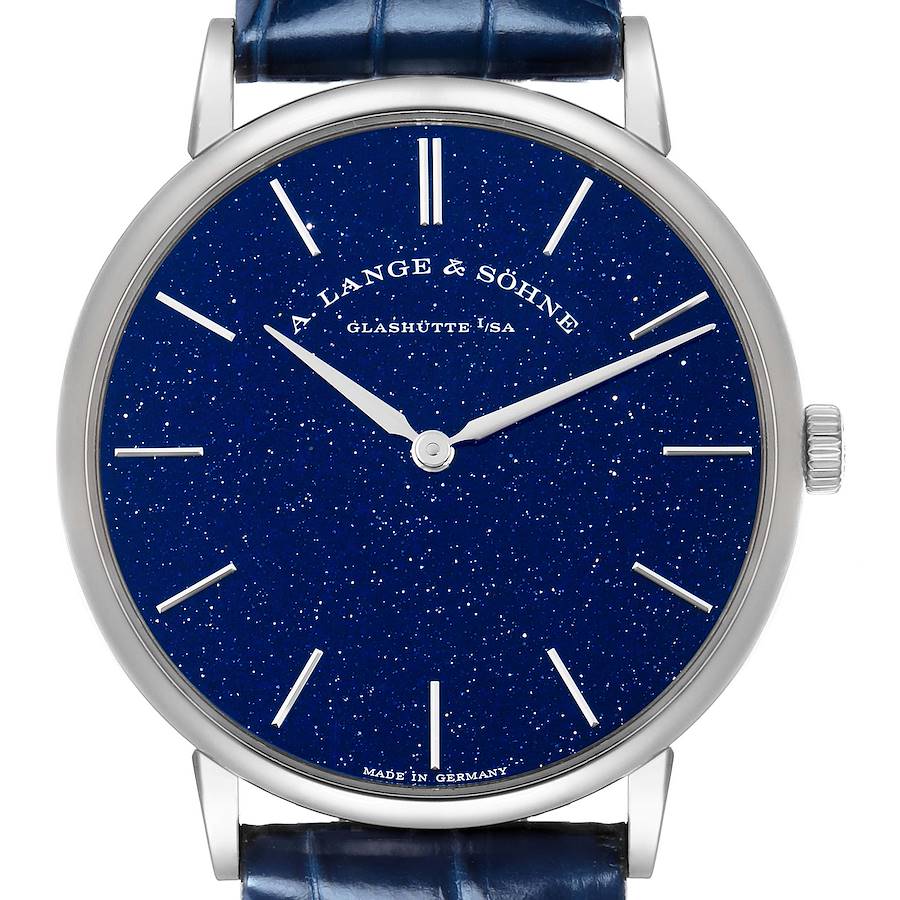 The A. Lange & Söhne Saxonia model 205.086 watch is shown from a front angle, displaying its blue dial, silver hands, markers, and part of the leather strap.