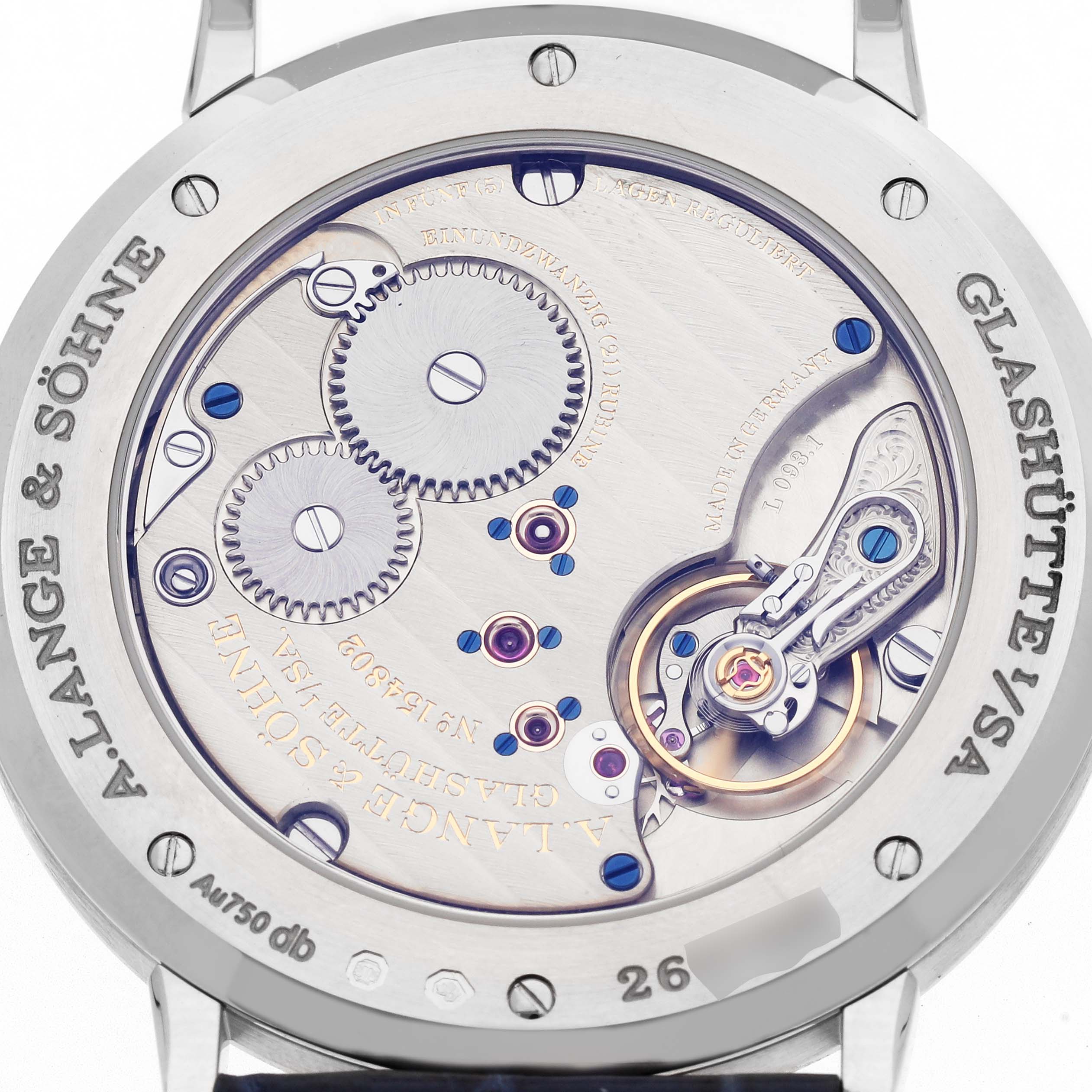 The image shows the back view of the A. Lange 
Sohne Saxonia 205.086 Men
s White Gold Blue Dial watch, highlighting its intricate movement and engravings.