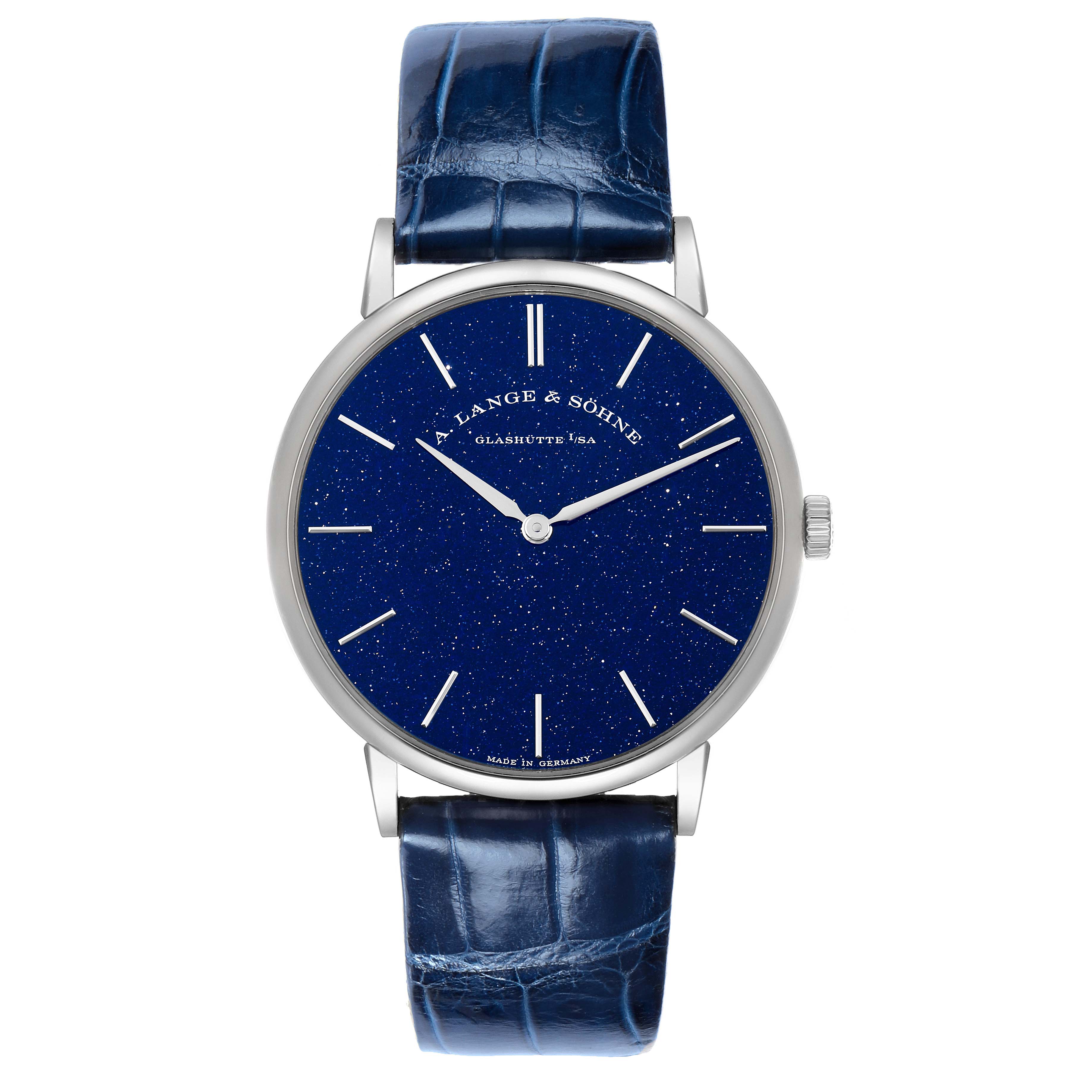 The A. Lange 
Sohne Saxonia 205.086 Men
s White Gold Blue Dial watch is shown from the front, displaying its blue dial, markers, hands, and alligator leather strap.