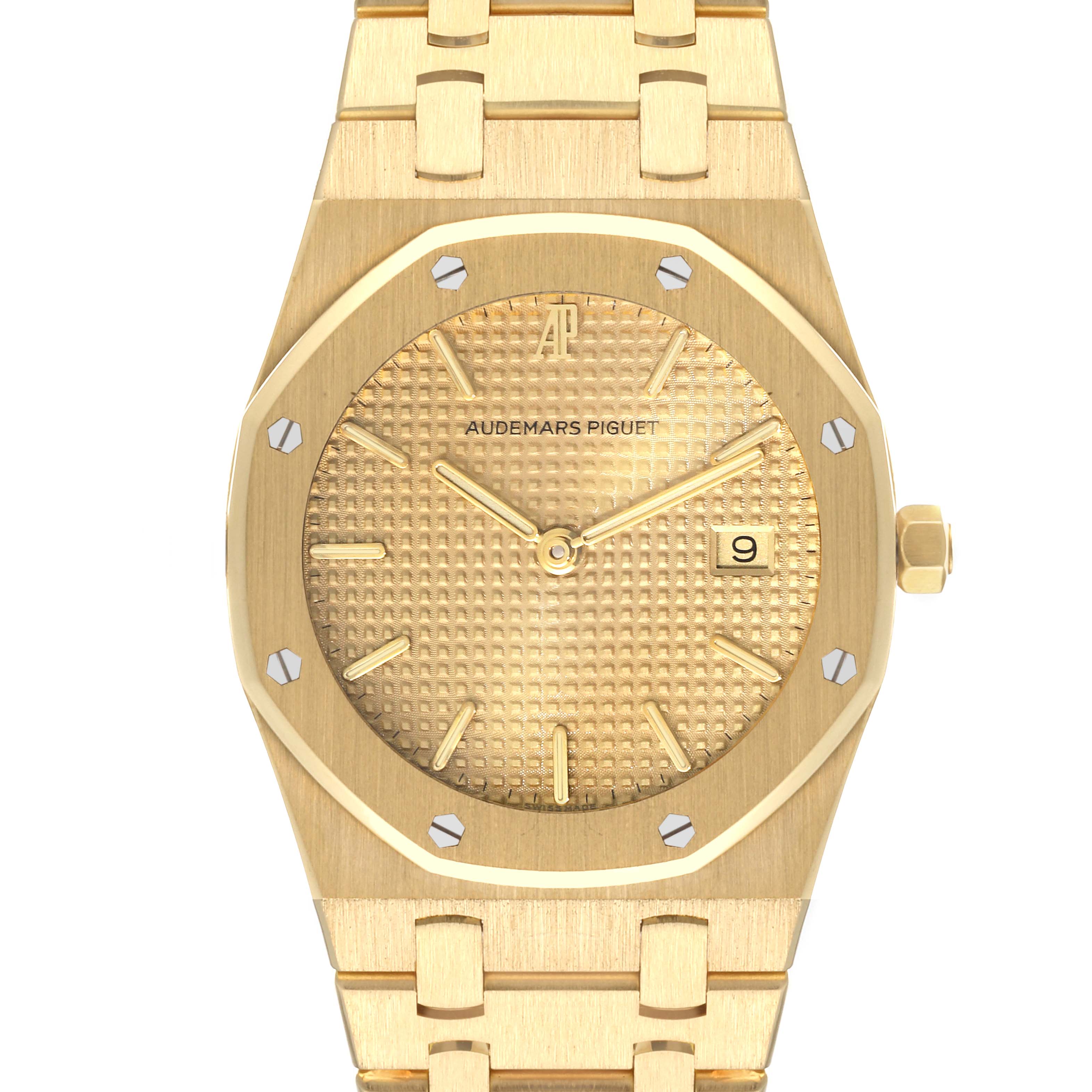 The image shows a frontal view of the Audemars Piguet Royal Oak 56303 Men's Yellow Gold Champagne Dial 56303 Men's Yellow Gold Champagne Dial watch, highlighting its golden bracelet, octagonal bezel, and textured dial.