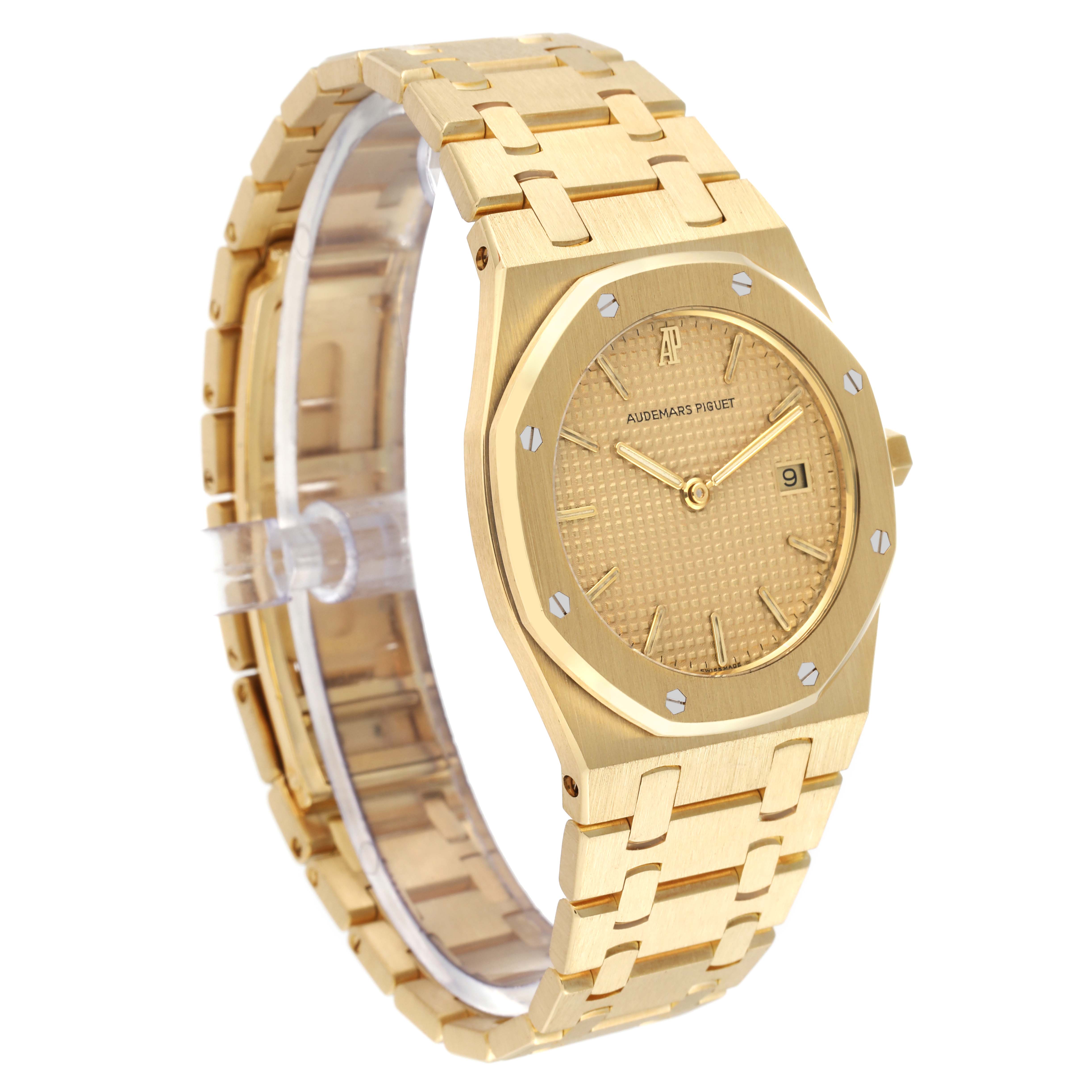 The Audemars Piguet Royal Oak 56303 Men's Yellow Gold Champagne Dial 56303 Men's Yellow Gold Champagne Dial watch is shown at an angle displaying the face, bezel, and a portion of the bracelet.