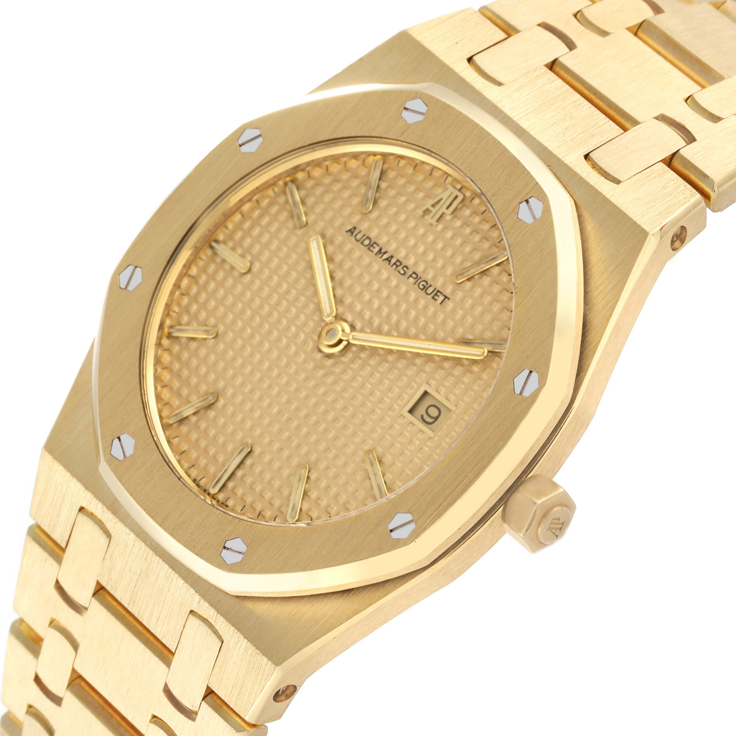 This image shows an Audemars Piguet Royal Oak 56303 Men's Yellow Gold Champagne Dial 56303 Men's Yellow Gold Champagne Dial watch angled to highlight its gold dial, bezel, crown, and bracelet.