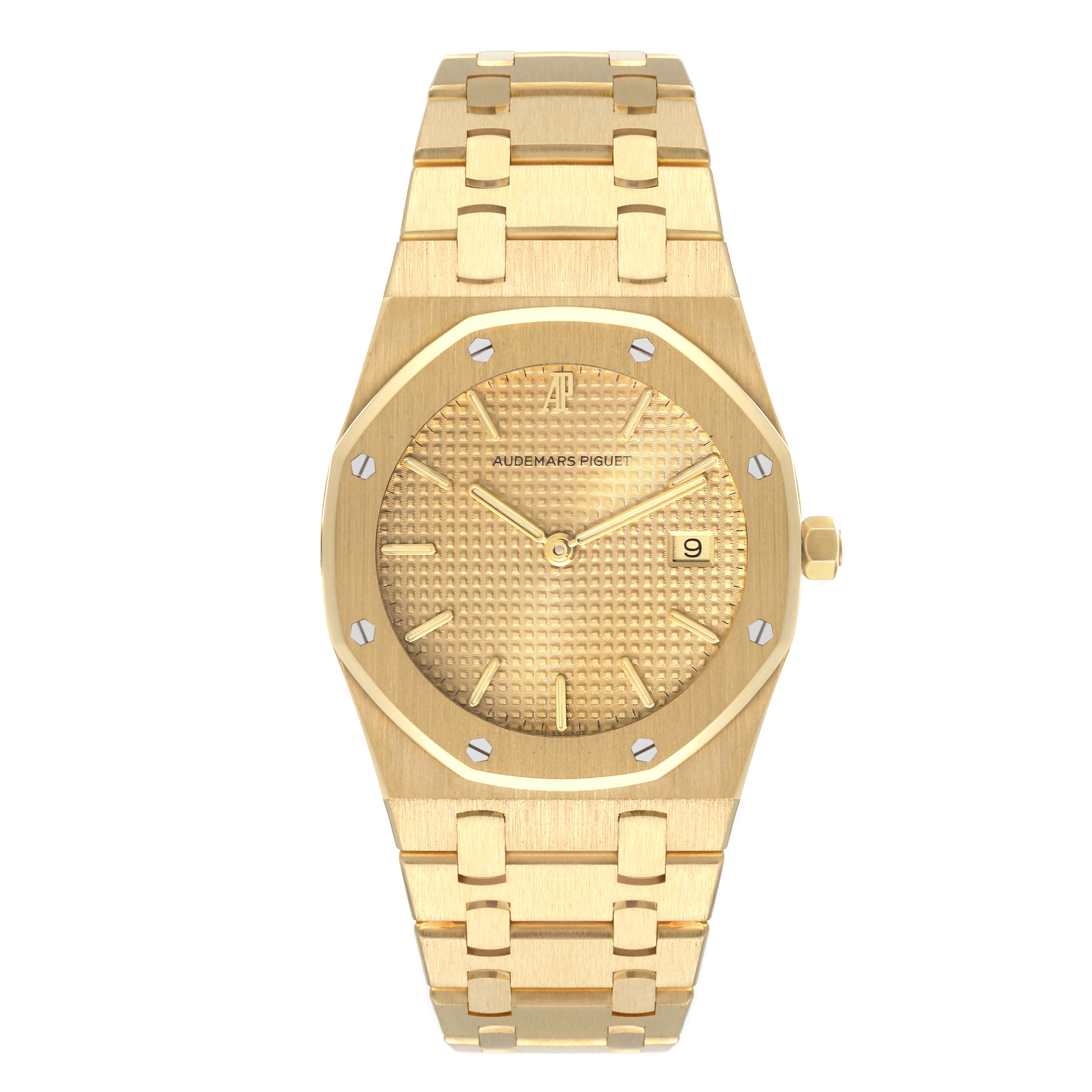 The image shows a front view of an Audemars Piguet Royal Oak 56303 Men's Yellow Gold Champagne Dial 56303 Men's Yellow Gold Champagne Dial watch, highlighting its dial, bezel, and bracelet.