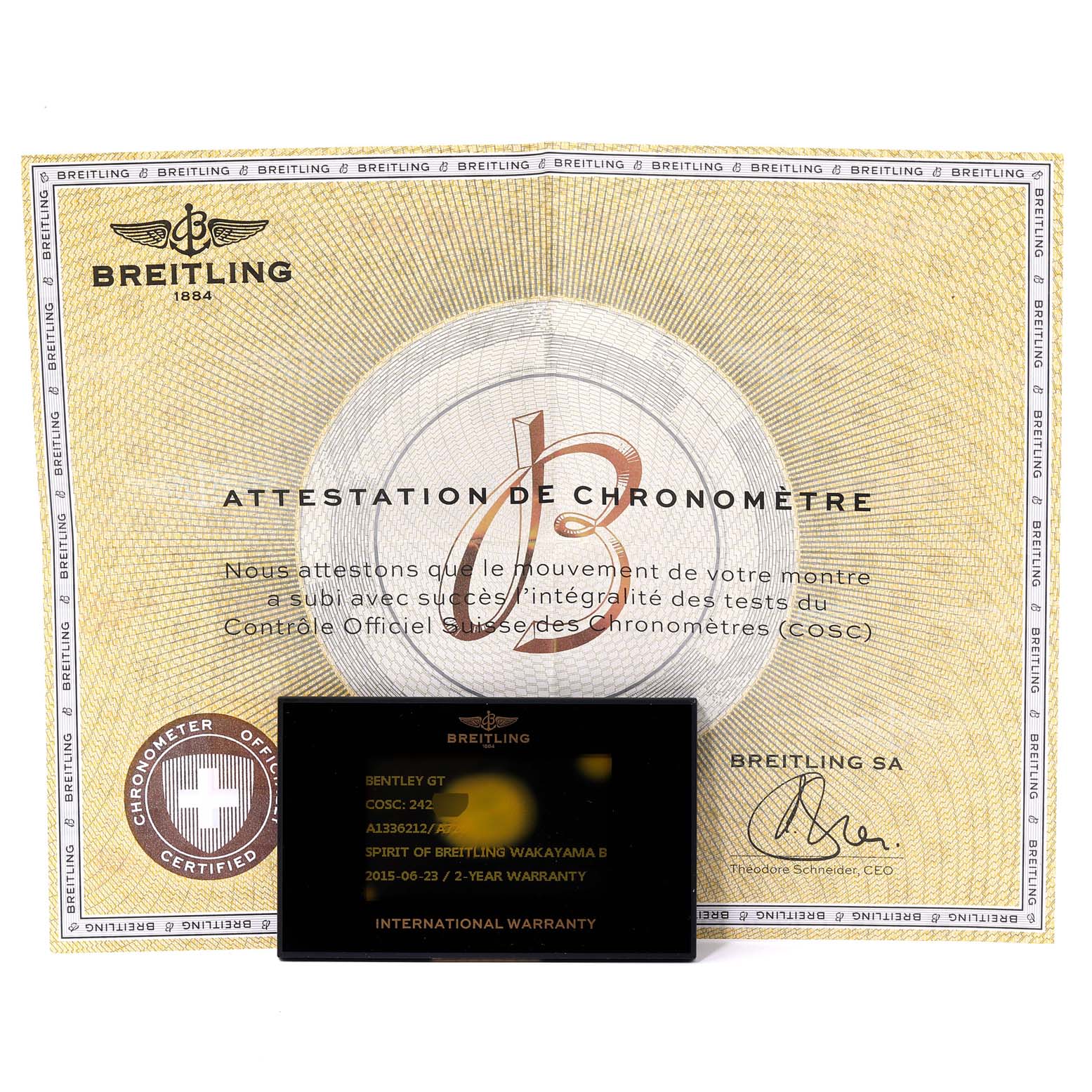 The image shows the Breitling Bentley A13362 Men's Stainless Steel White Dial A13362 Men's Stainless Steel White Dial model certification and international warranty card.