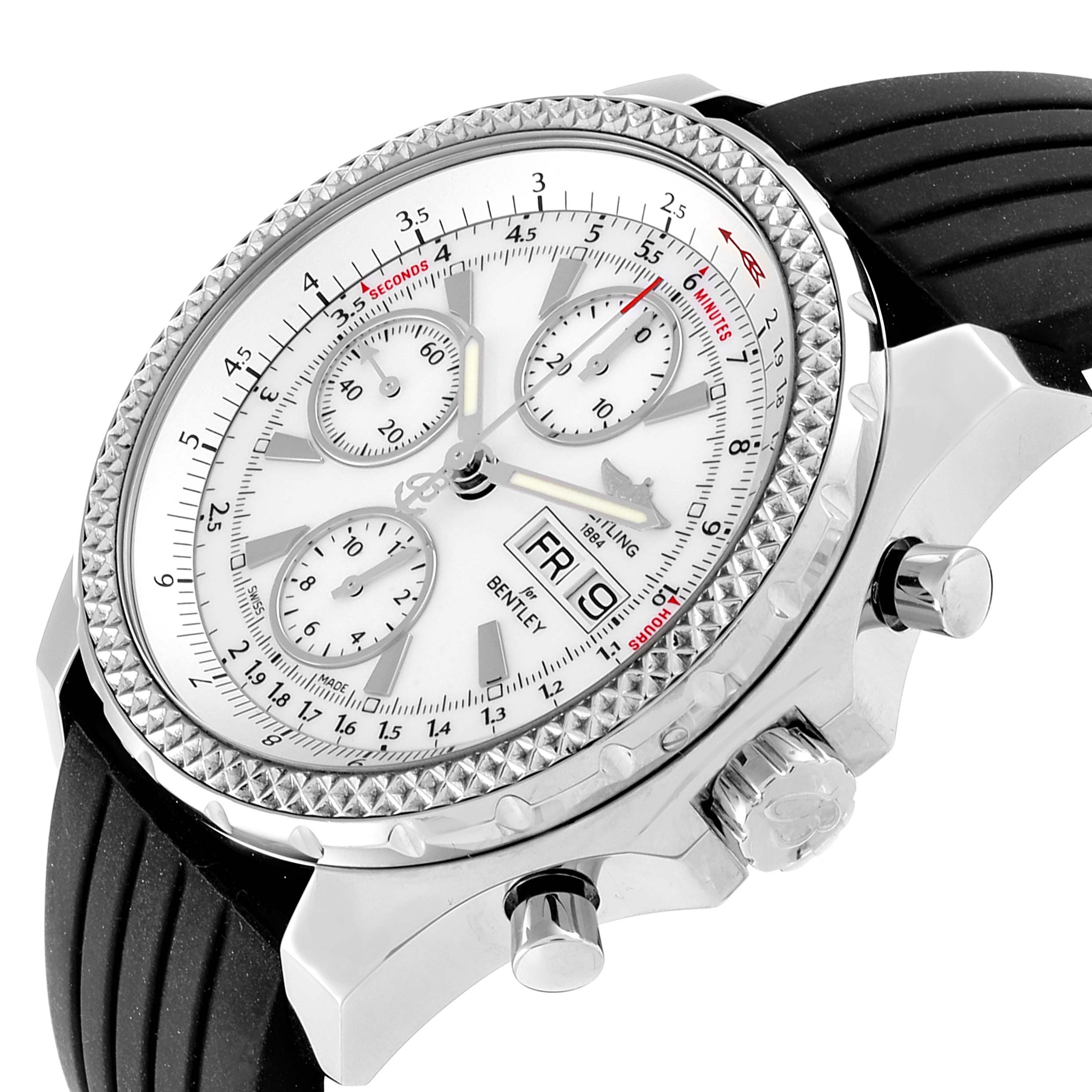 The Breitling Bentley A13362 Men's Stainless Steel White Dial A13362 Men's Stainless Steel White Dial watch is shown from a right front angle, highlighting the bezel, dial, pushers, and part of the strap.