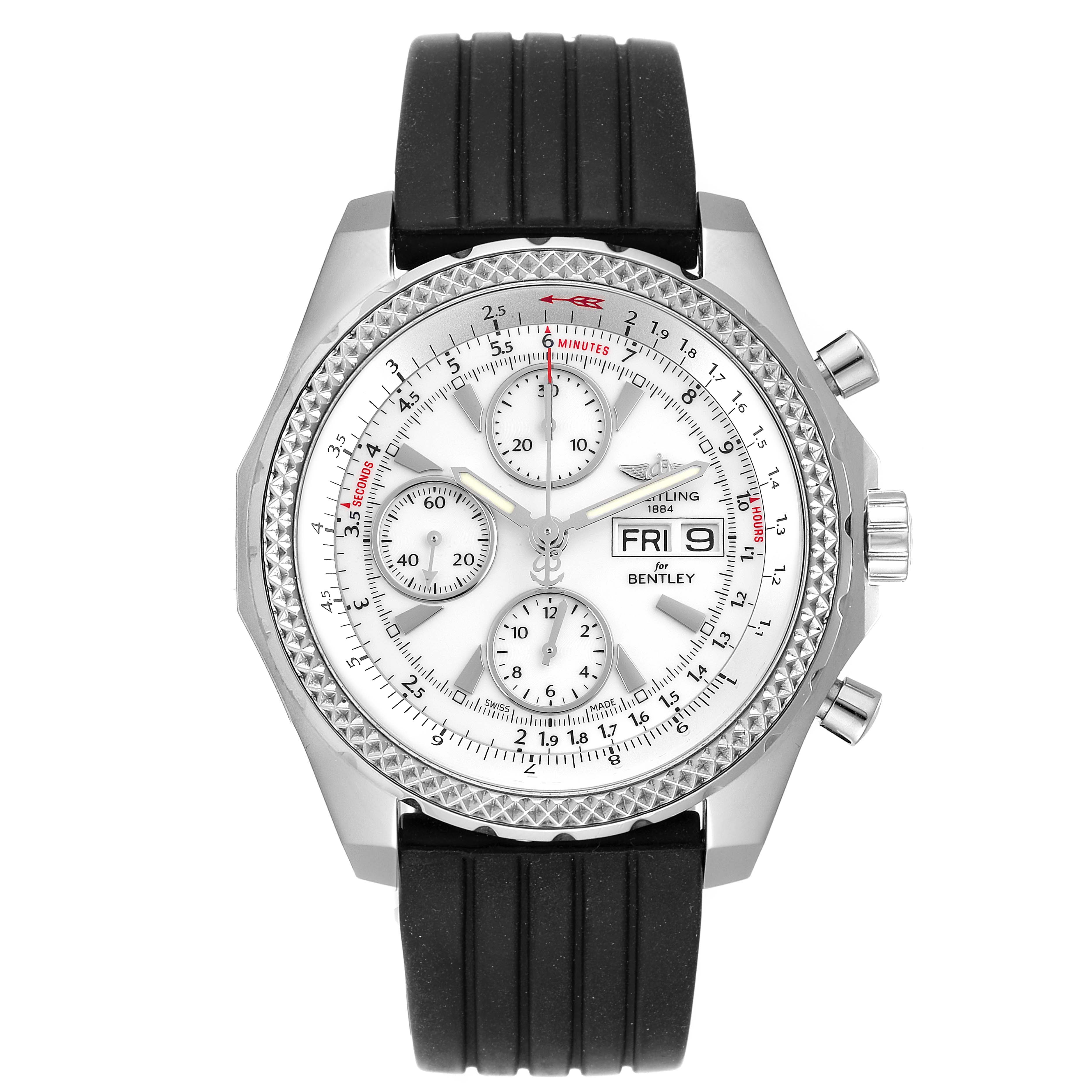 The image shows a front view of the Breitling Bentley A13362 Men's Stainless Steel White Dial A13362 Men's Stainless Steel White Dial model watch, highlighting its white chronograph dial, black rubber strap, and silver bezel.