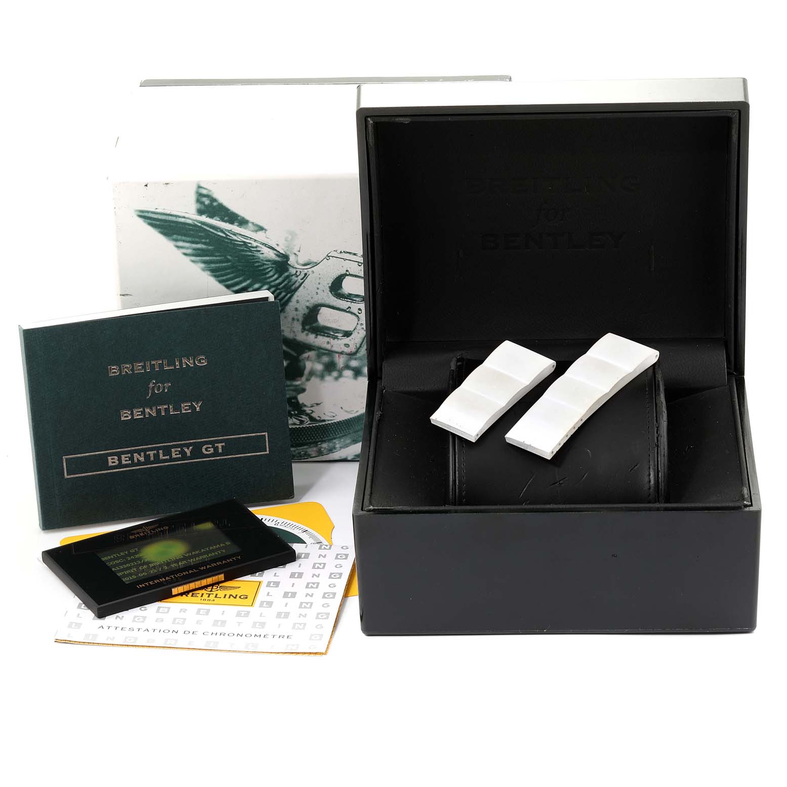 This image shows the Breitling Bentley A13362 Men's Stainless Steel White Dial A13362 Men's Stainless Steel White Dial GT watch box, extra links, booklets, and authenticity cards.