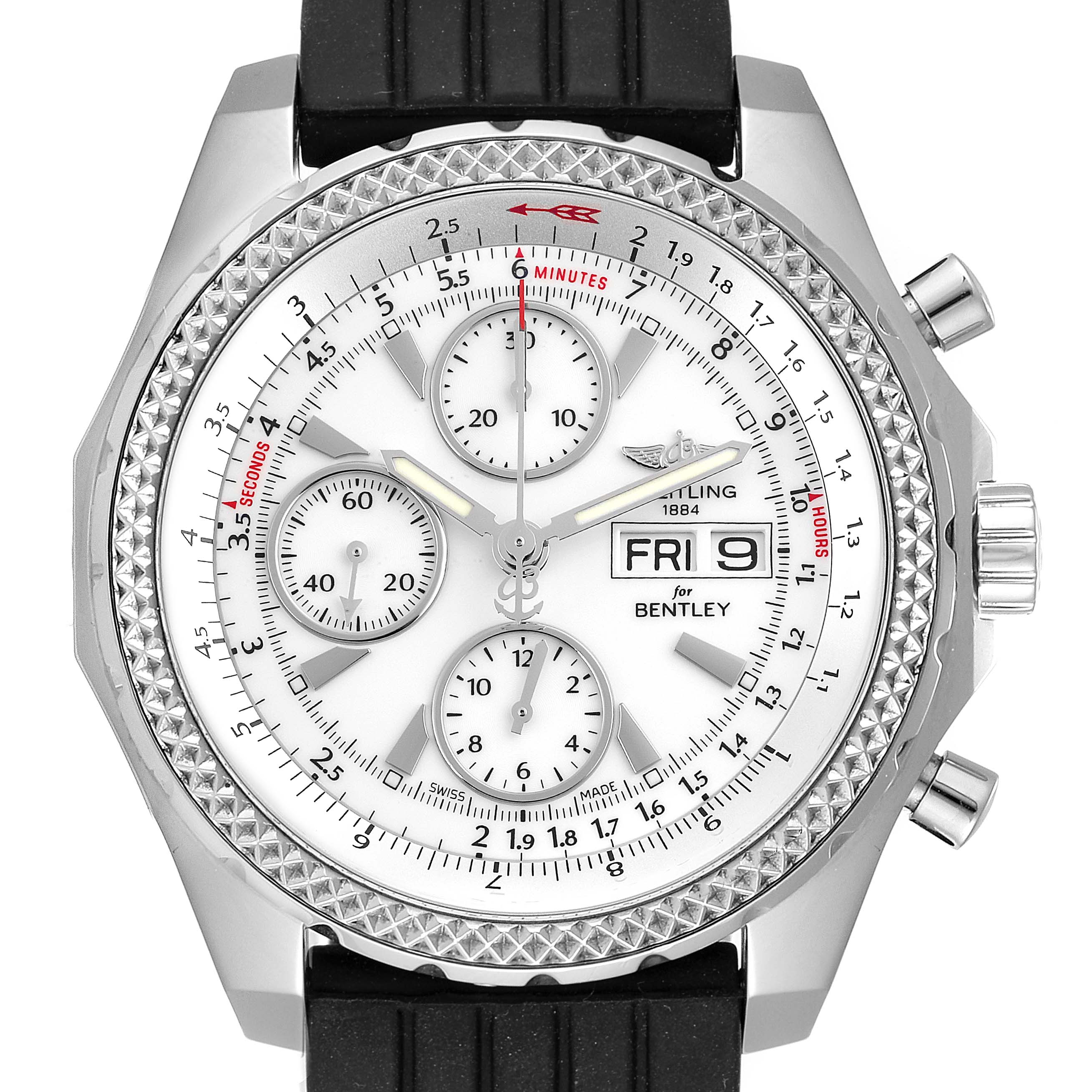 The image shows a front view of the Breitling Bentley A13362 Men's Stainless Steel White Dial A13362 Men's Stainless Steel White Dial watch, highlighting its face, dials, bezel, and side buttons.