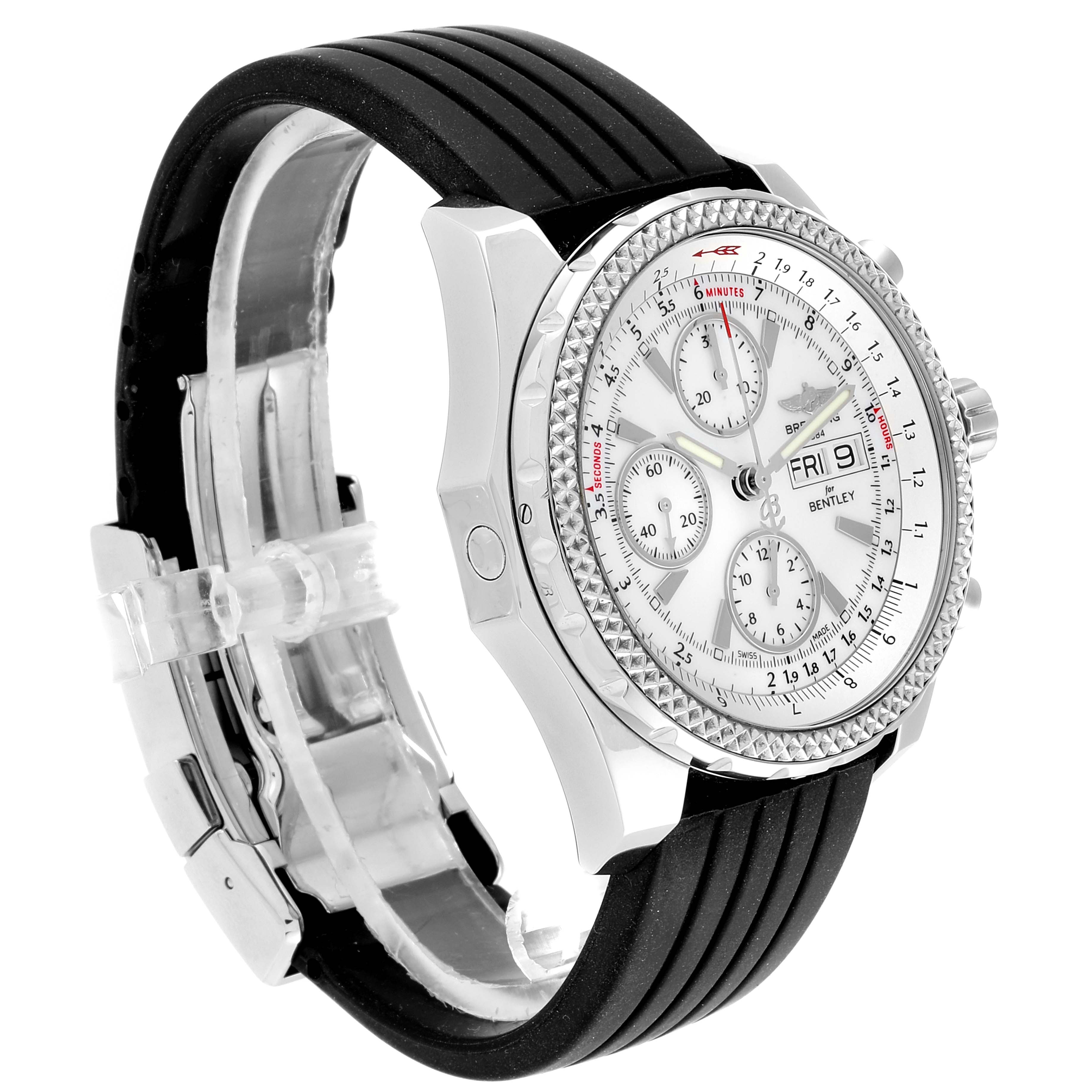 This image shows a Breitling Bentley A13362 Men's Stainless Steel White Dial A13362 Men's Stainless Steel White Dial watch from a three-quarter angle, displaying the face, bezel, crown, and black rubber strap.
