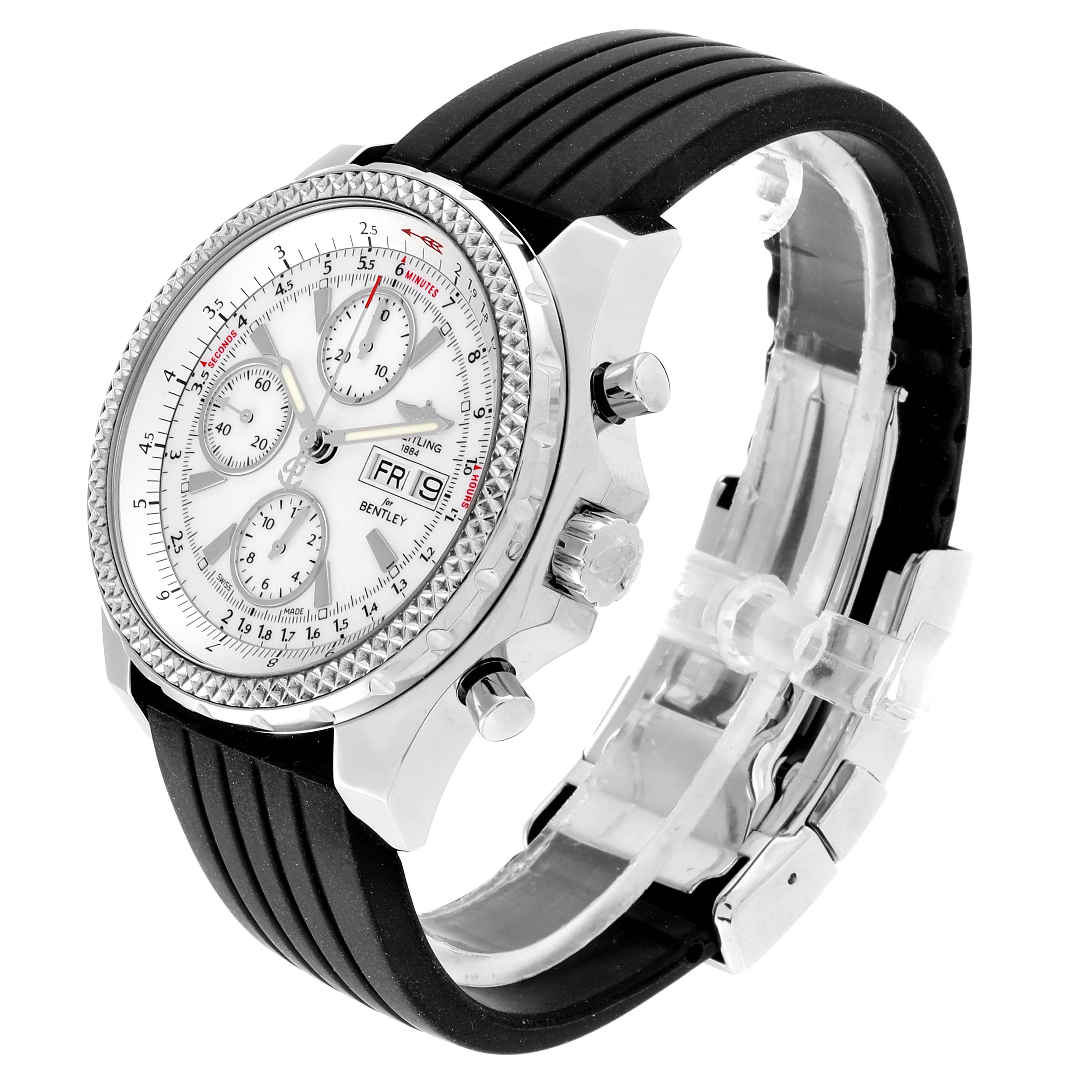 The Breitling Bentley A13362 Men's Stainless Steel White Dial A13362 Men's Stainless Steel White Dial model watch is shown at an angle highlighting its face, chronograph dials, bezel, and black strap.