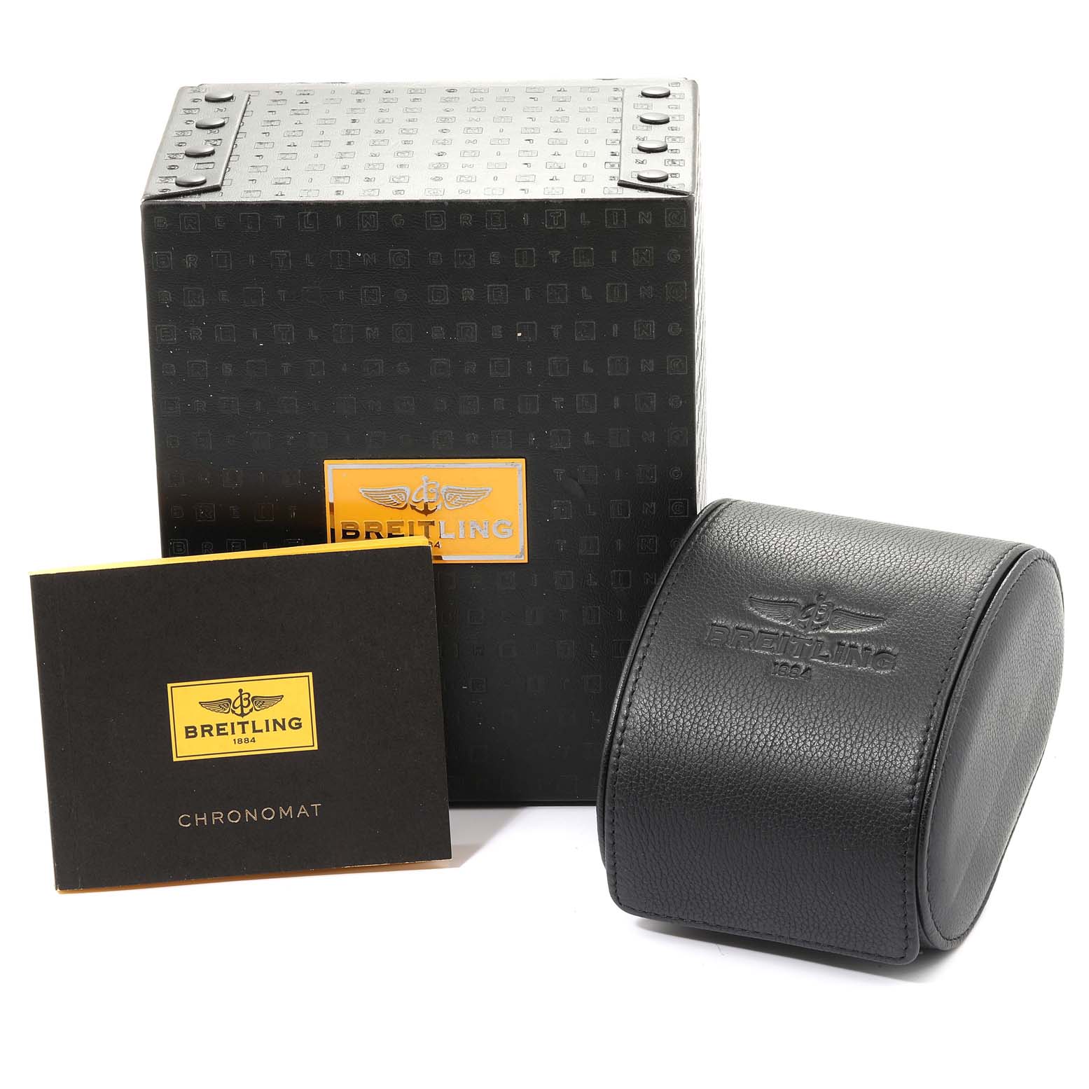 The image shows Breitling Chronomat IB0110 Men's Steel and Gold (two tone) Blue Dial IB0110 Men's Steel and Gold (two tone) Blue Dial packaging, including a box, a leather case, and an instruction manual.