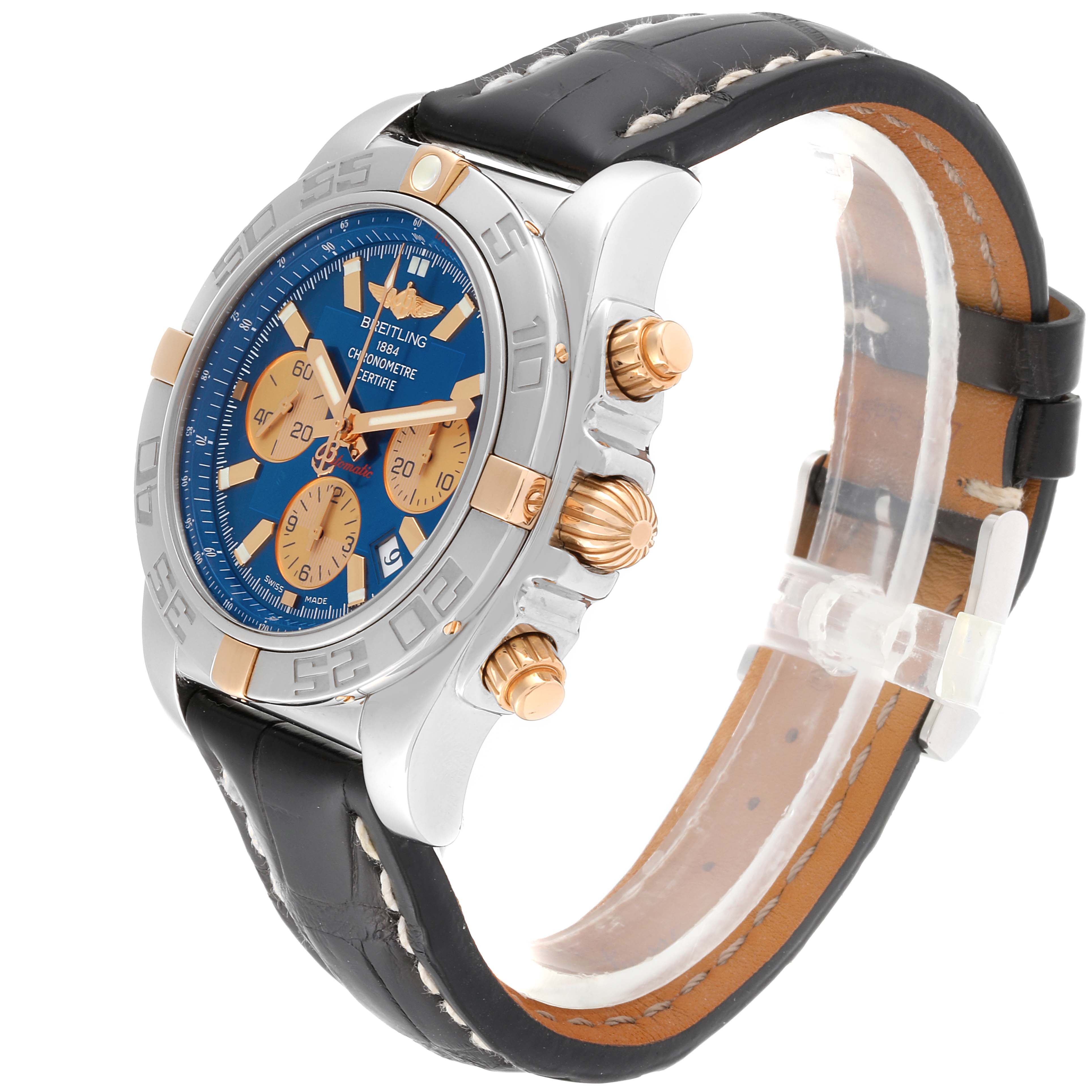 The Breitling Chronomat IB0110 Men's Steel and Gold (two tone) Blue Dial IB0110 Men's Steel and Gold (two tone) Blue Dial watch is shown at an angle displaying the face, bezel, crown, pushers, and strap.