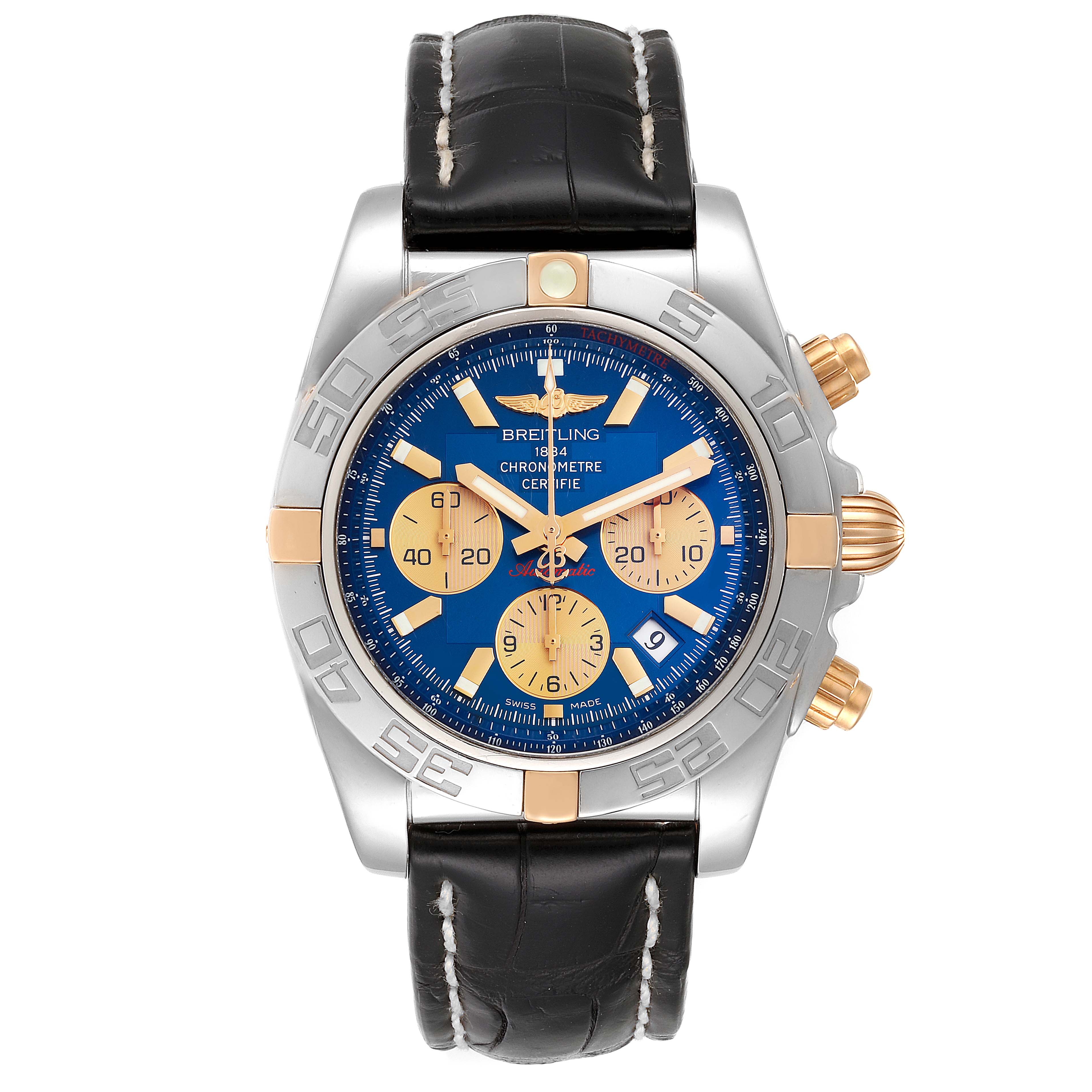 The image shows a Breitling Chronomat IB0110 Men's Steel and Gold (two tone) Blue Dial IB0110 Men's Steel and Gold (two tone) Blue Dial watch from a top-down angle, highlighting its dial, bezel, crown, and leather strap.