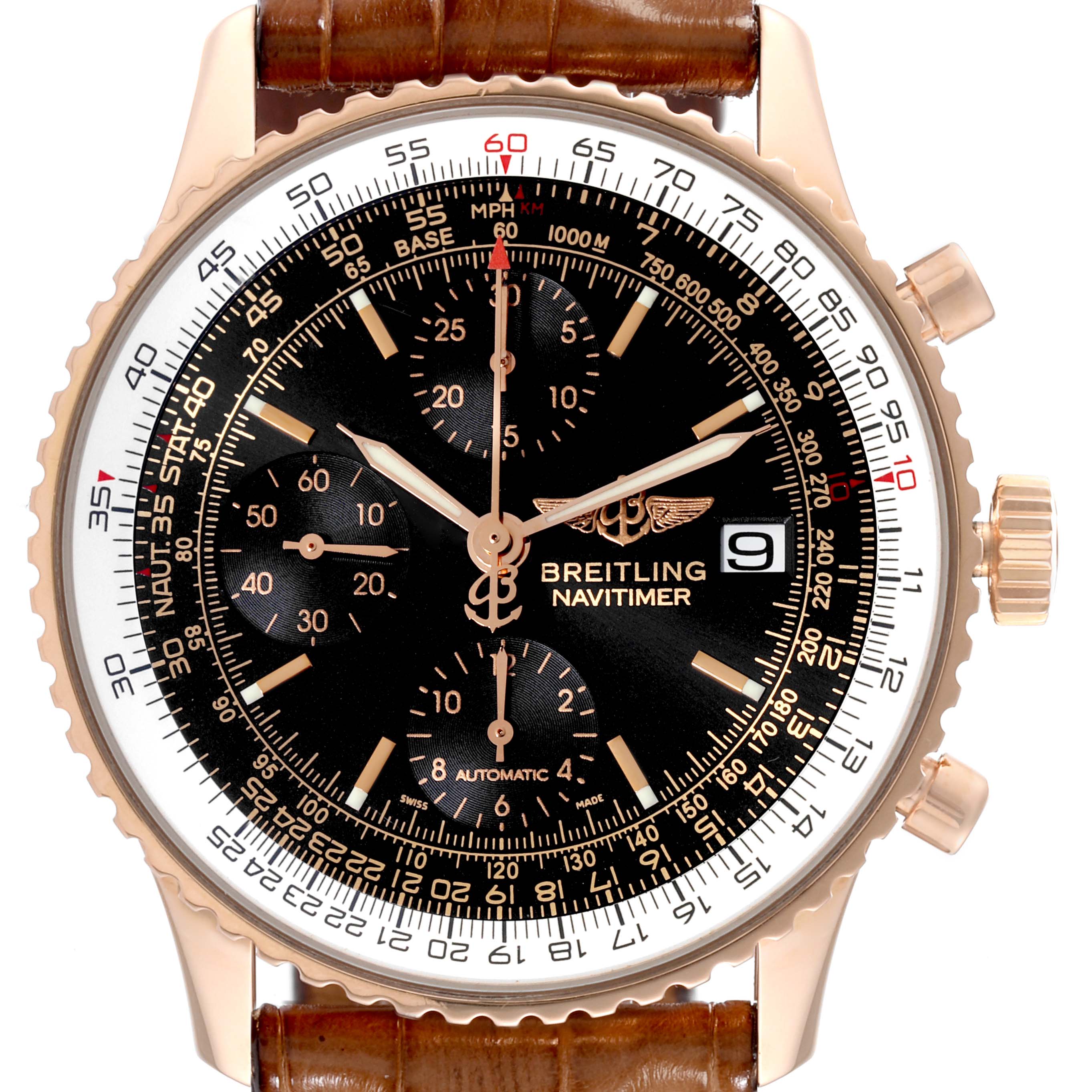 The image shows a front view of the Breitling Navitimer R13323 Men's Rose Gold Black Dial R13323 Men's Rose Gold Black Dial Limited Series watch, highlighting its dial, bezel, crown, and brown leather strap.