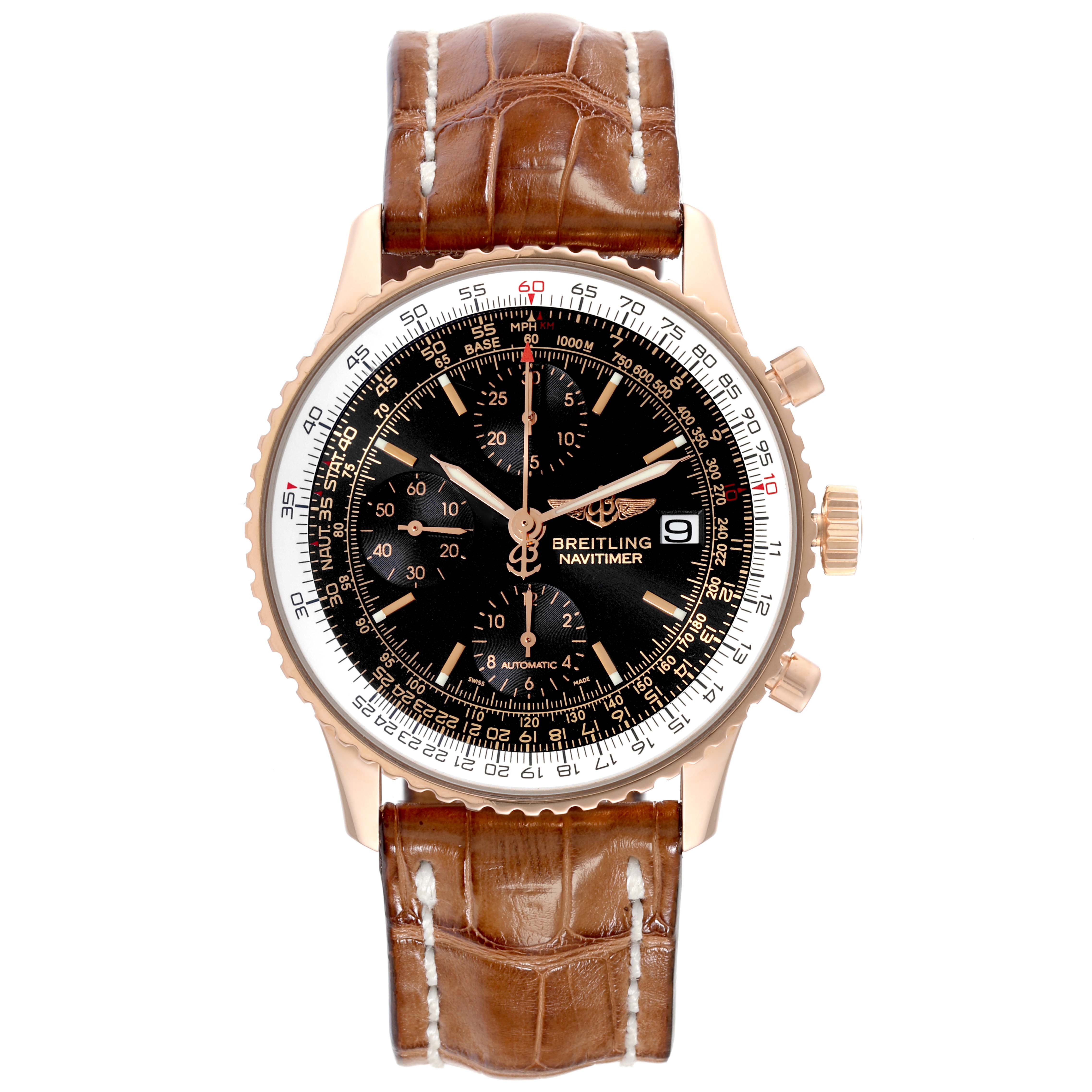 This is the Breitling Navitimer R13323 Men's Rose Gold Black Dial R13323 Men's Rose Gold Black Dial Limited Series model, shown from the front displaying its face, bezel, crown, pushers, and leather strap.