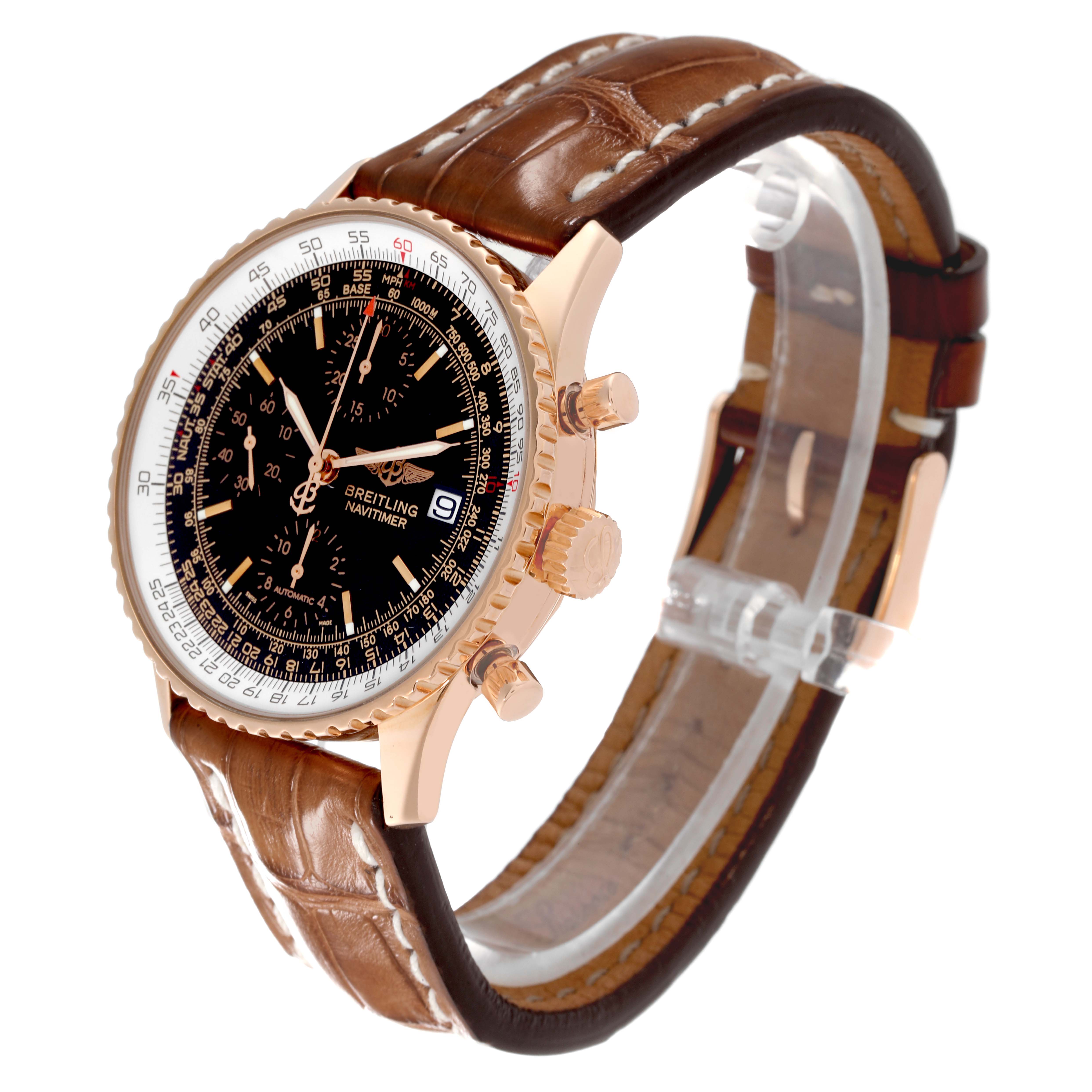 The Breitling Navitimer R13323 Men's Rose Gold Black Dial R13323 Men's Rose Gold Black Dial Limited Edition model is shown at a 3/4 angle, highlighting the face, crown, and brown leather strap.