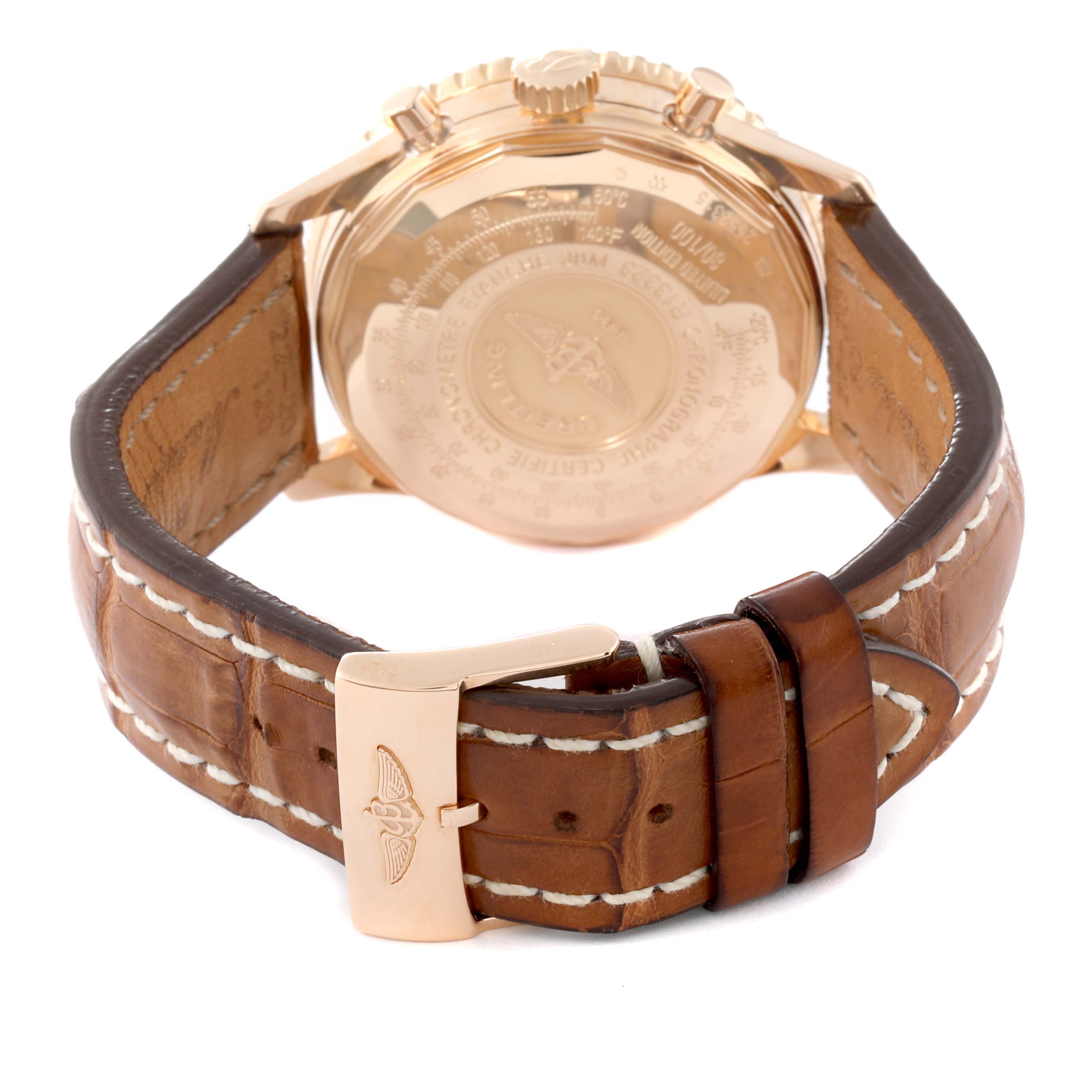 The image shows the rear view of the Breitling Limited Series model, highlighting the case back, crown, and leather strap with clasp.