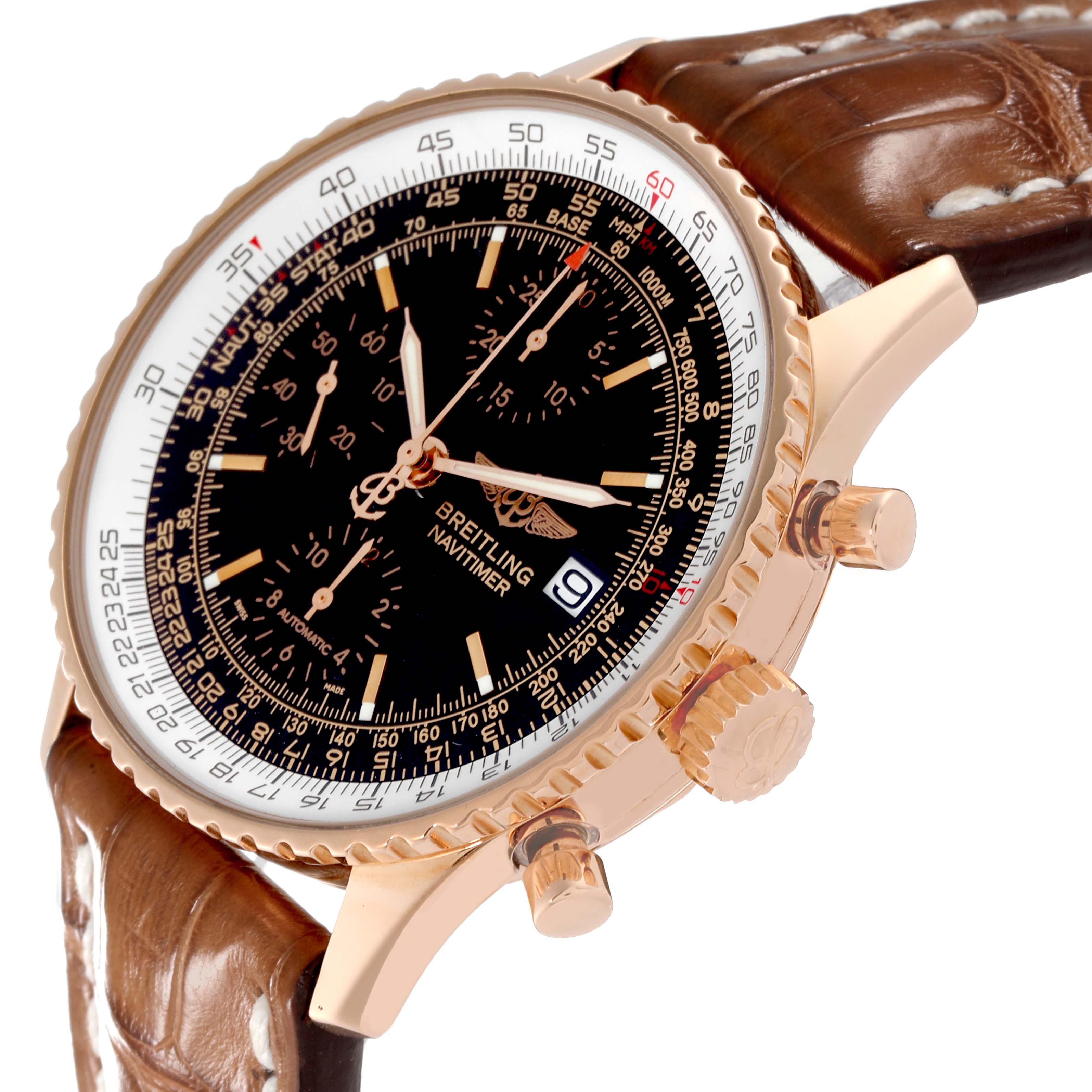 The Breitling Navitimer R13323 Men's Rose Gold Black Dial R13323 Men's Rose Gold Black Dial Limited Series watch is shown at a slight angle highlighting the face, bezel, crown, and chronograph pushers.