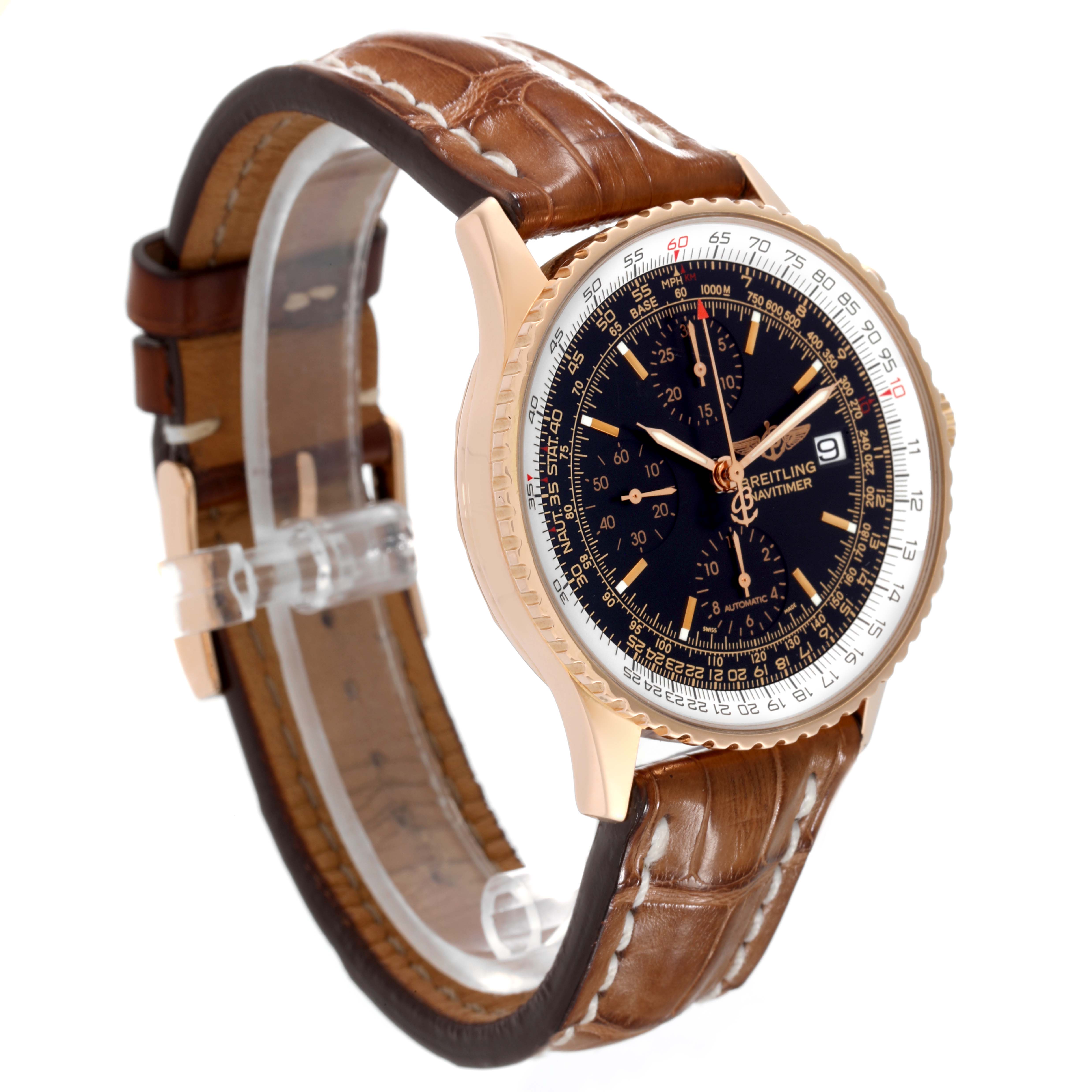 The image shows a side angle of a Breitling Navitimer R13323 Men's Rose Gold Black Dial R13323 Men's Rose Gold Black Dial Limited Series watch with a brown leather strap and a black dial.