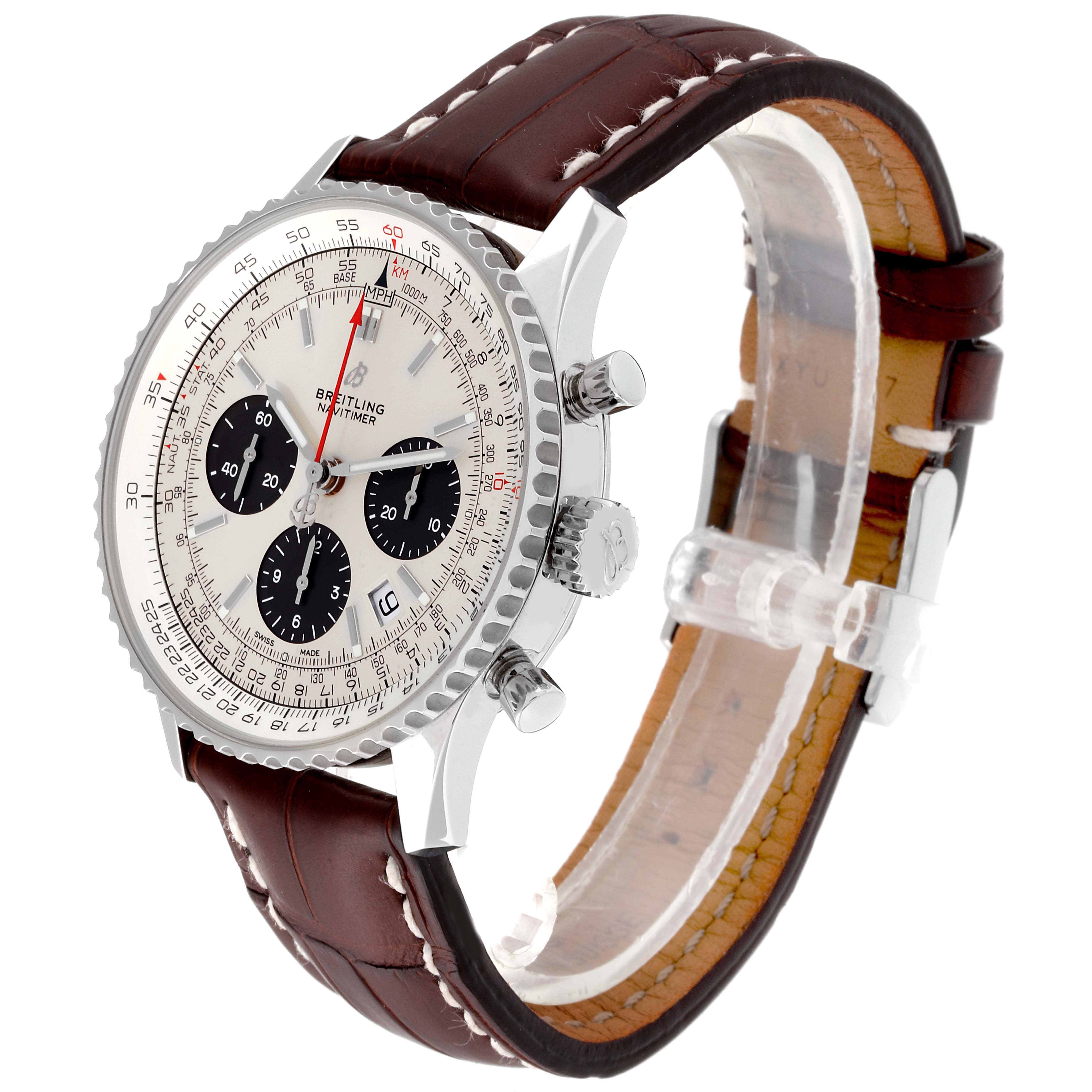 The Breitling Navitimer AB0120 Men
s Stainless Steel Silver Dial AB0120 Men
s Stainless Steel Silver Dial watch is shown at a three-quarter angle, highlighting the face, chronograph dials, and brown leather strap.