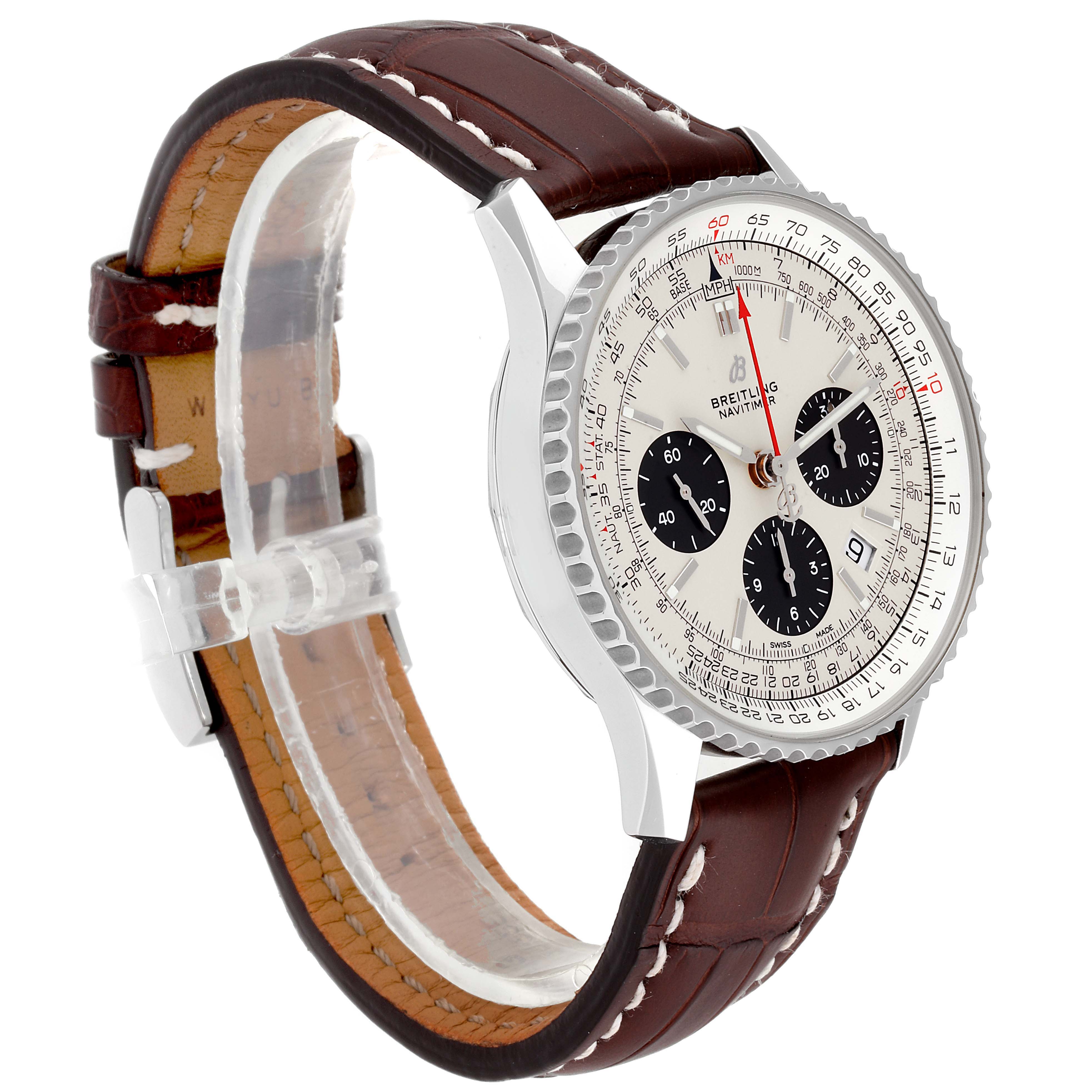 The Breitling Navitimer AB0120 Men
s Stainless Steel Silver Dial AB0120 Men
s Stainless Steel Silver Dial watch is shown at a slight angle, displaying the dial, case, and brown leather strap.