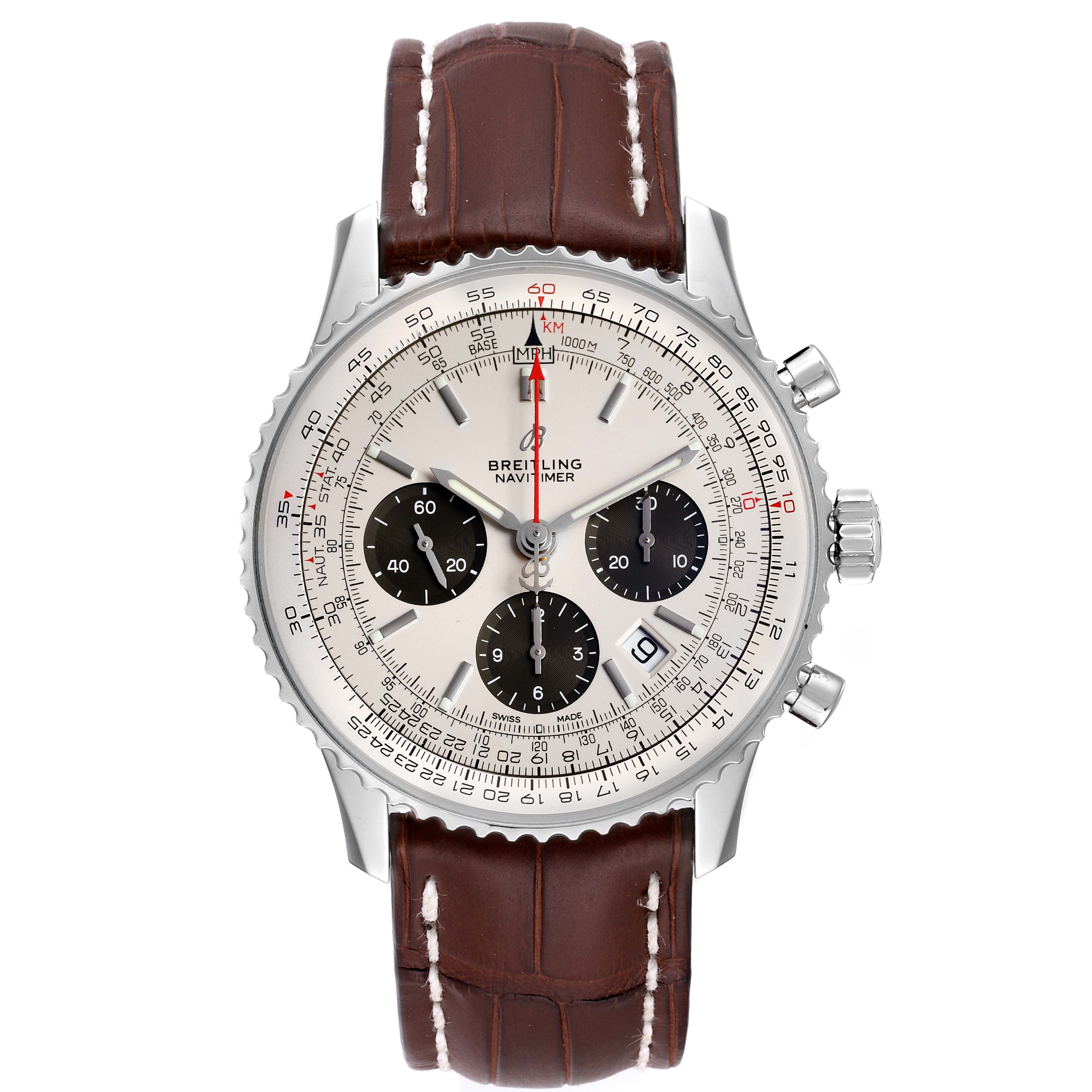 This image shows a front view of the Breitling Navitimer AB0120 Men
s Stainless Steel Silver Dial AB0120 Men
s Stainless Steel Silver Dial watch, displaying its dial, bezel, crown, pushers, and leather strap.