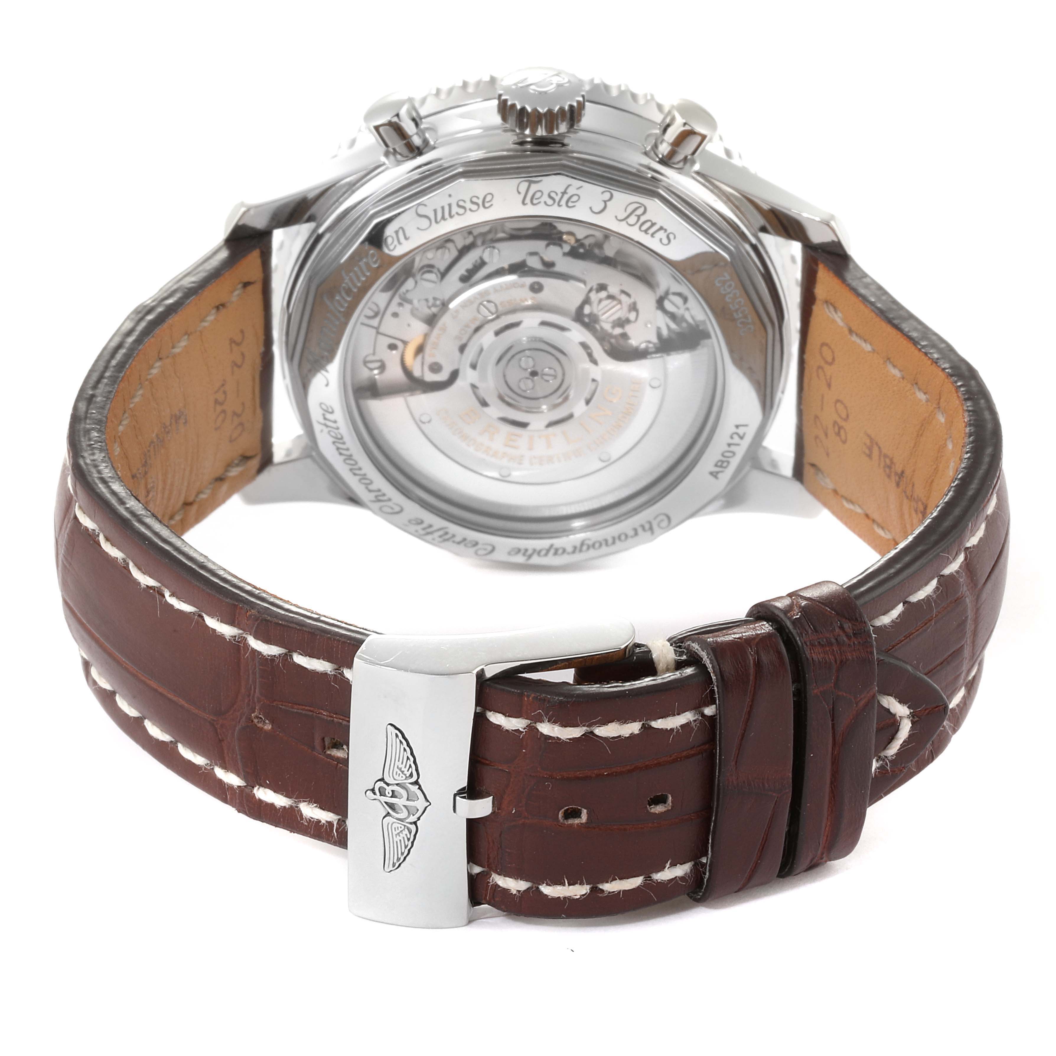 The image shows the back view of a Breitling Navitimer AB0120 Men
s Stainless Steel Silver Dial AB0120 Men
s Stainless Steel Silver Dial watch, highlighting its leather strap and transparent case back.