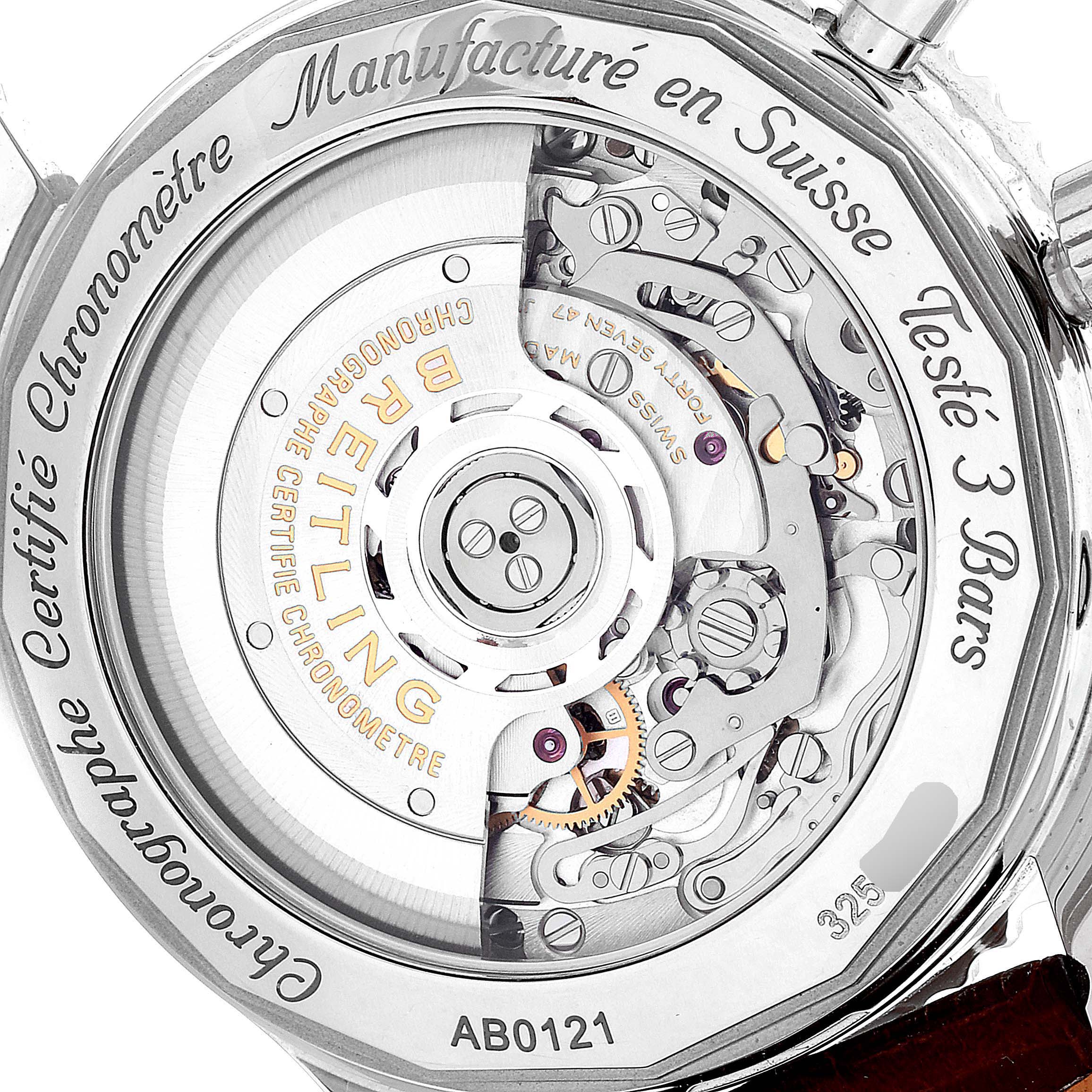 This is an image of the back of a Breitling Navitimer AB0120 Men
s Stainless Steel Silver Dial AB0120 Men
s Stainless Steel Silver Dial watch, showing the exposed internal mechanical movement.