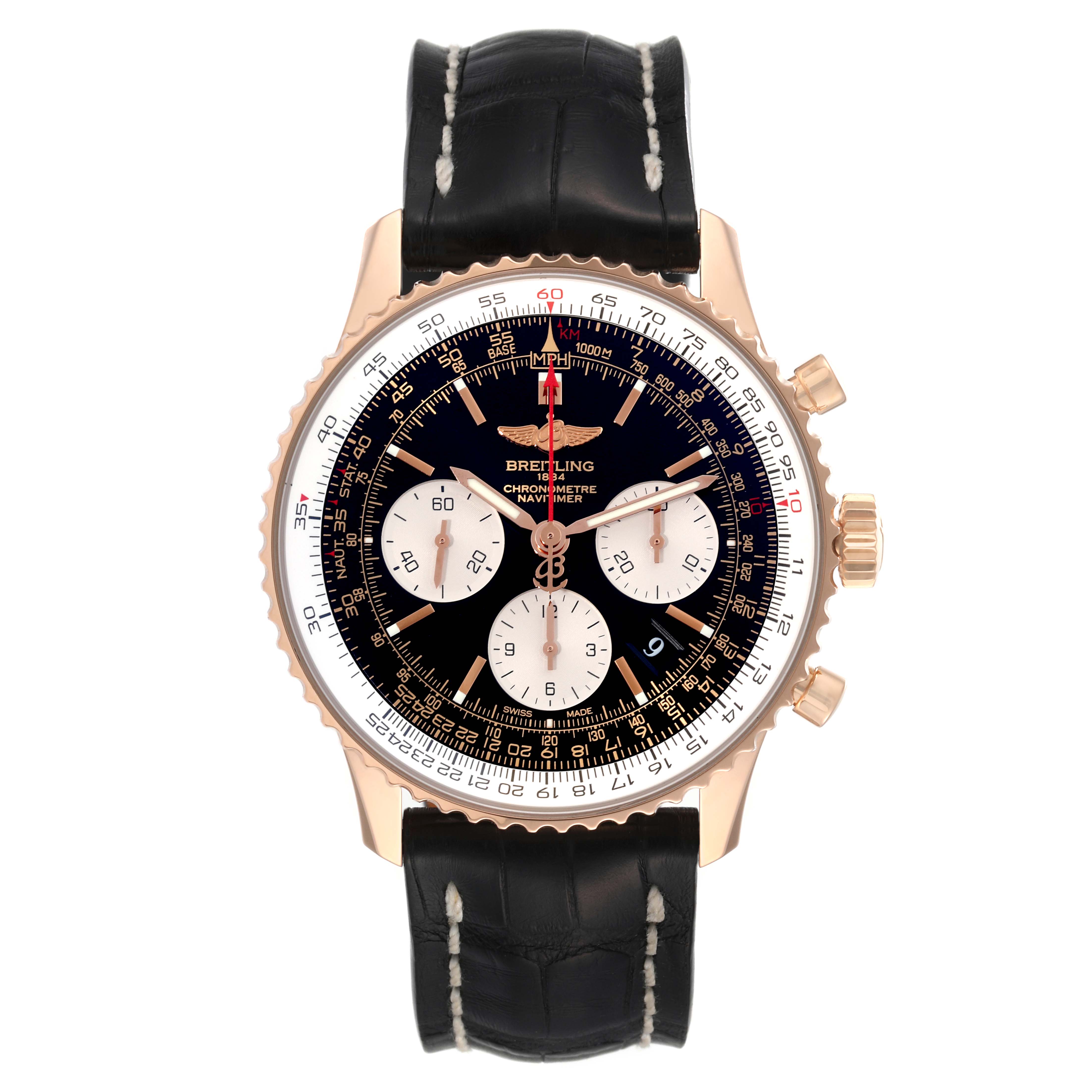 This image shows a front view of the Breitling Navitimer RB0120 Men
s Rose Gold Black Dial RB0120 Men
s Rose Gold Black Dial watch, highlighting its dial, subdials, bezel, and leather strap.