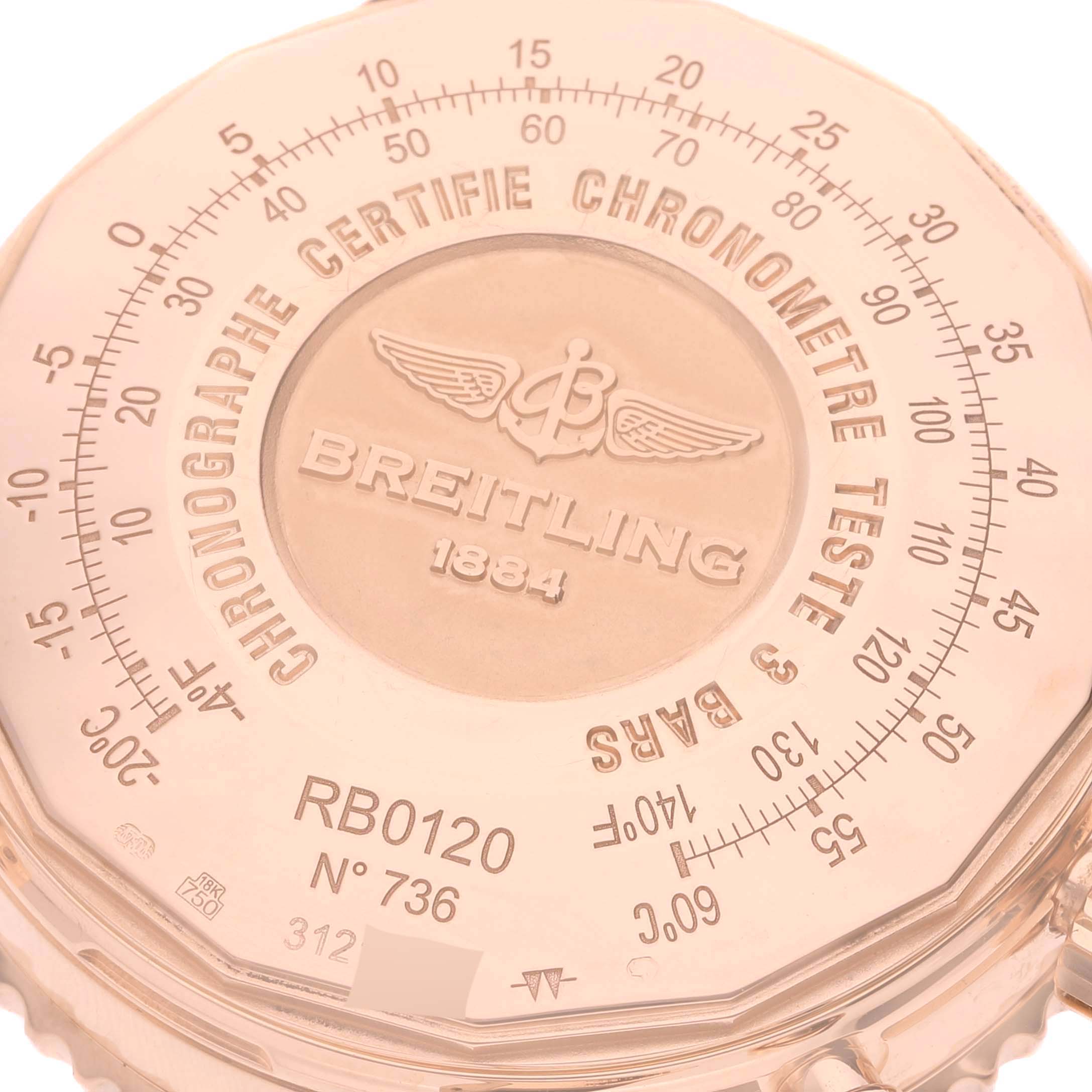 The image shows the back case of a Breitling Navitimer RB0120 Men
s Rose Gold Black Dial RB0120 Men
s Rose Gold Black Dial watch, displaying its detailed engravings and measurements.