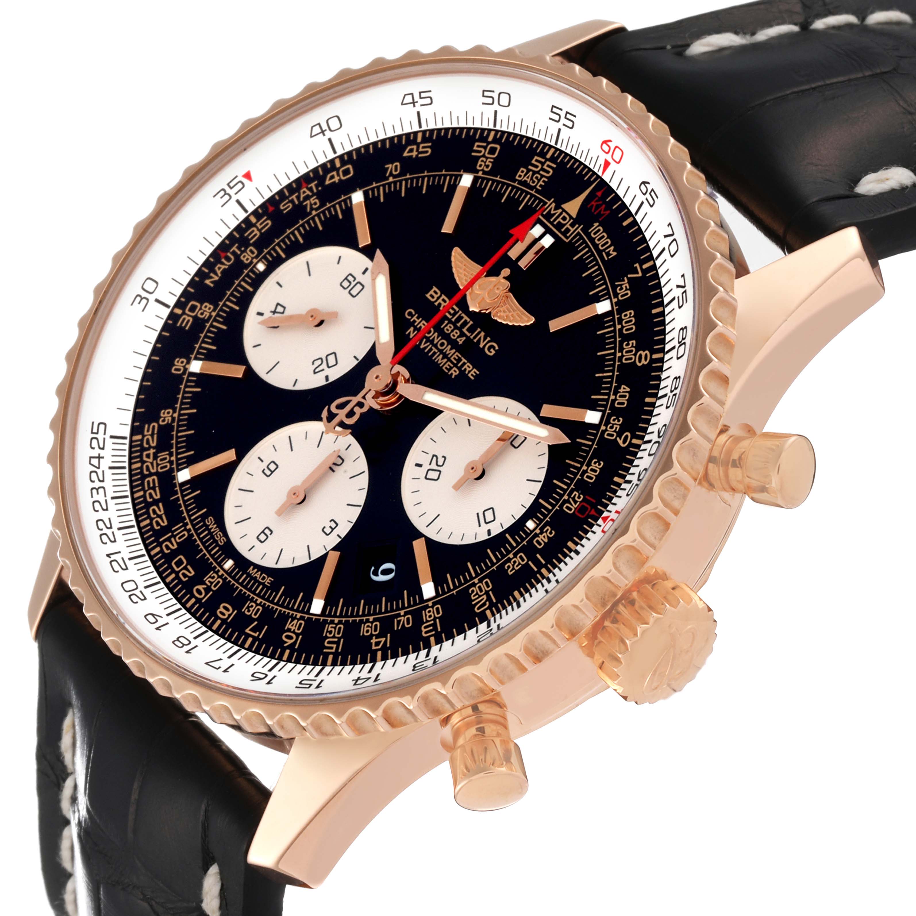 The Breitling Navitimer RB0120 Men
s Rose Gold Black Dial RB0120 Men
s Rose Gold Black Dial watch is shown from a slight side angle, displaying its face, bezel, crown, pushers, and black leather strap.