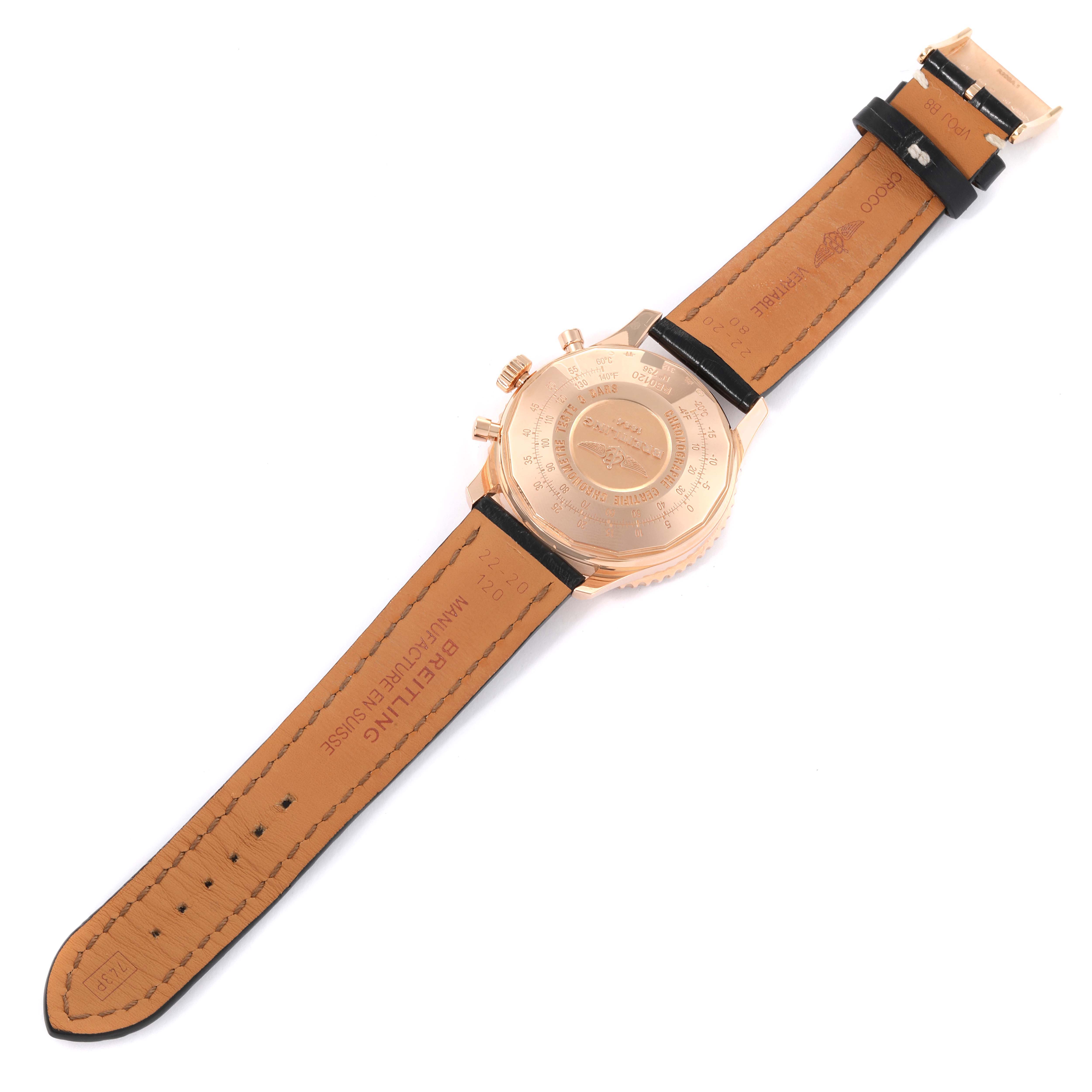 The image shows the backside and leather strap of a Breitling Navitimer RB0120 Men
s Rose Gold Black Dial RB0120 Men
s Rose Gold Black Dial watch, lying flat with its clasp and case back visible.