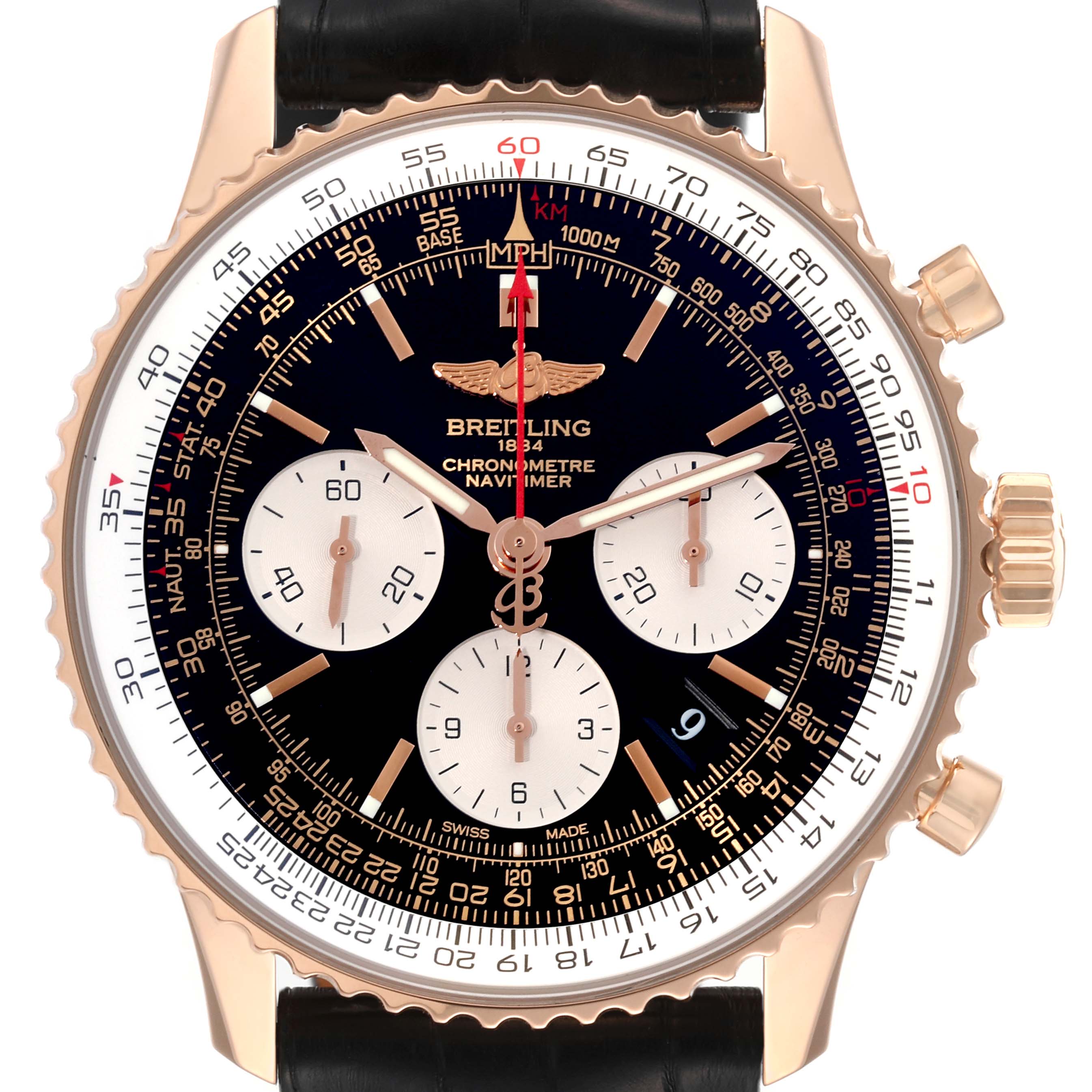 This is a close-up, front view of a Breitling Navitimer RB0120 Men
s Rose Gold Black Dial RB0120 Men
s Rose Gold Black Dial watch showcasing the face, bezel, and part of the strap.