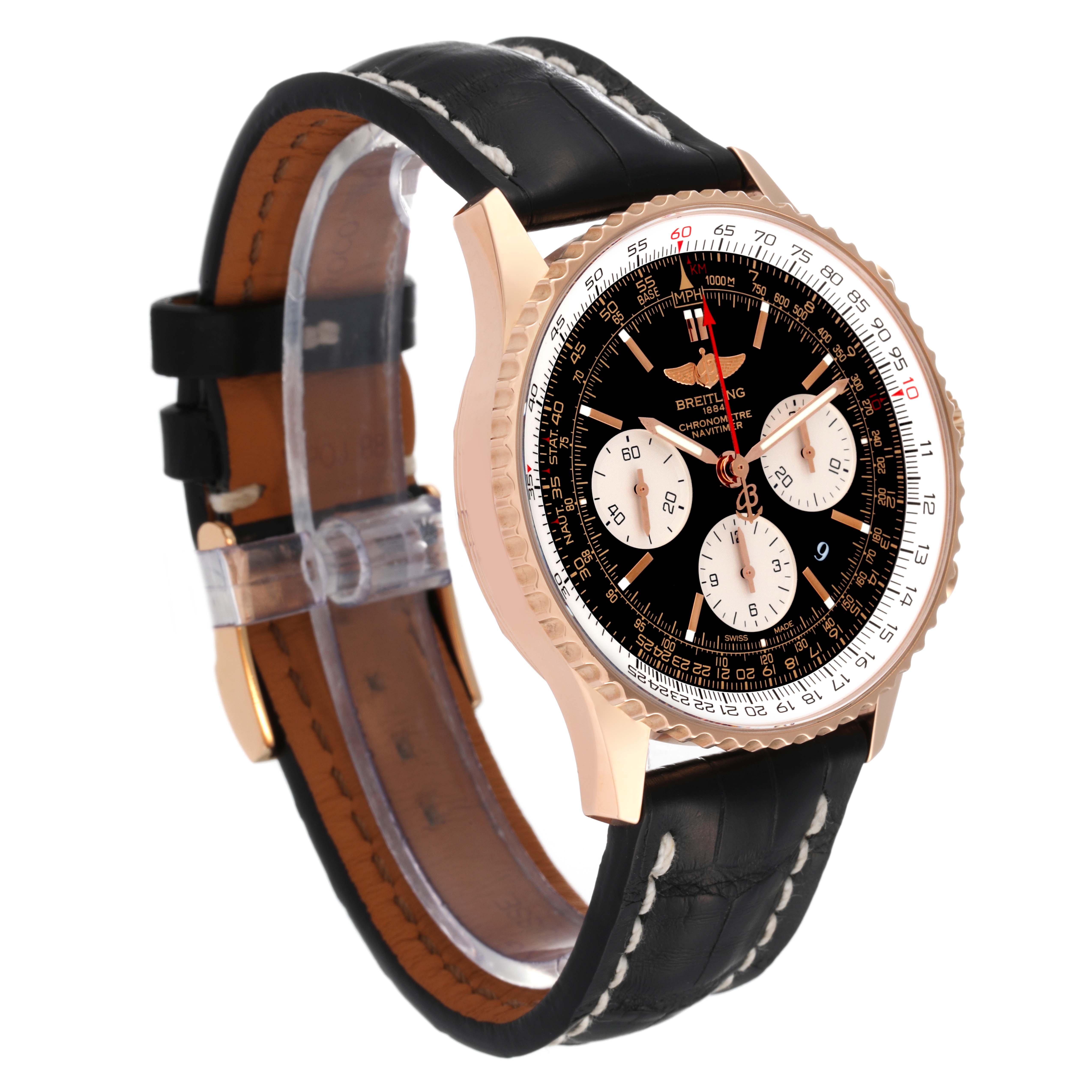 The image shows a Breitling Navitimer RB0120 Men
s Rose Gold Black Dial RB0120 Men
s Rose Gold Black Dial watch at a three-quarter angle, featuring a black dial, rose gold case, and black leather strap.