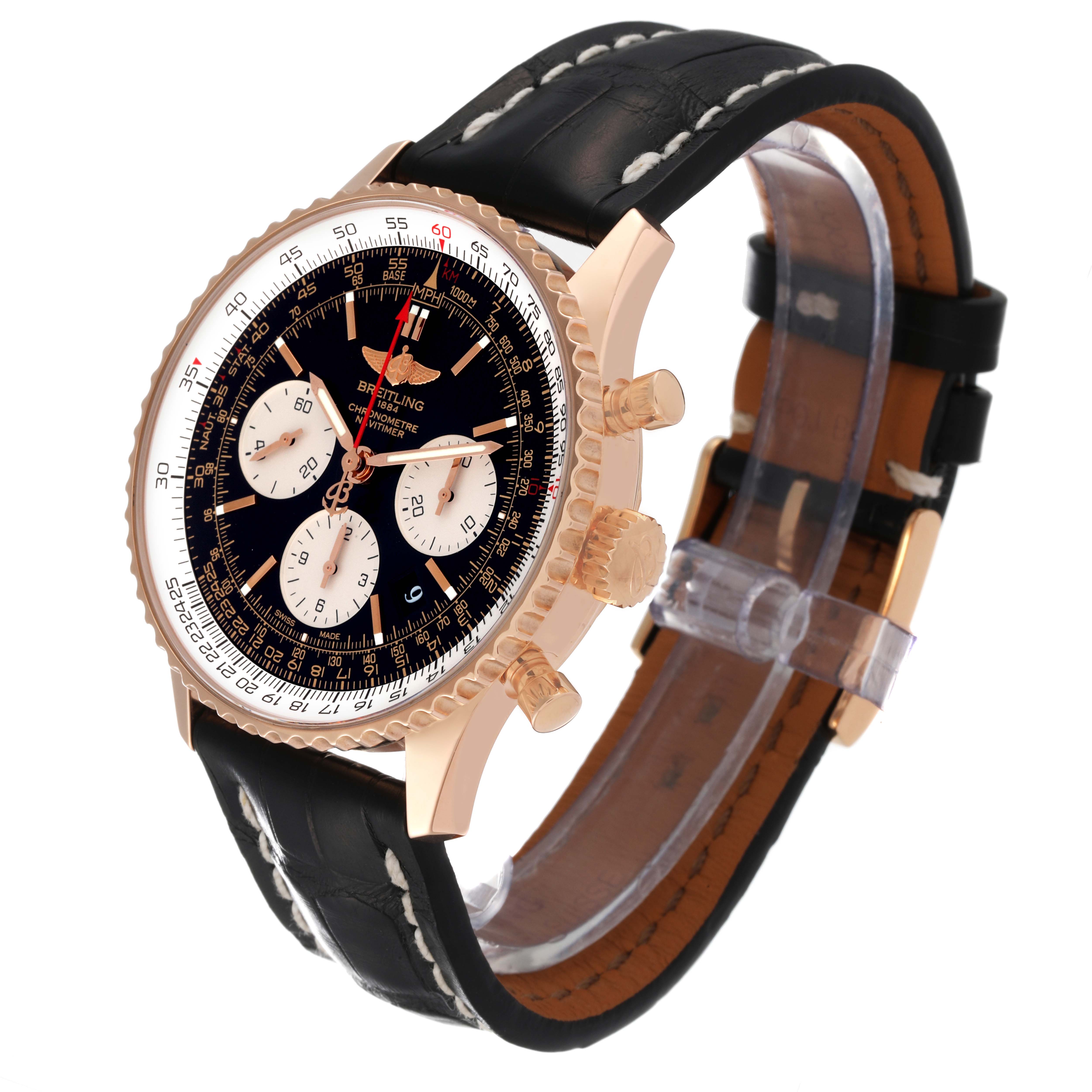 The Breitling Navitimer RB0120 Men
s Rose Gold Black Dial RB0120 Men
s Rose Gold Black Dial watch is shown at a slight angle, highlighting its face, bezel, three chronograph subdials, and leather strap.