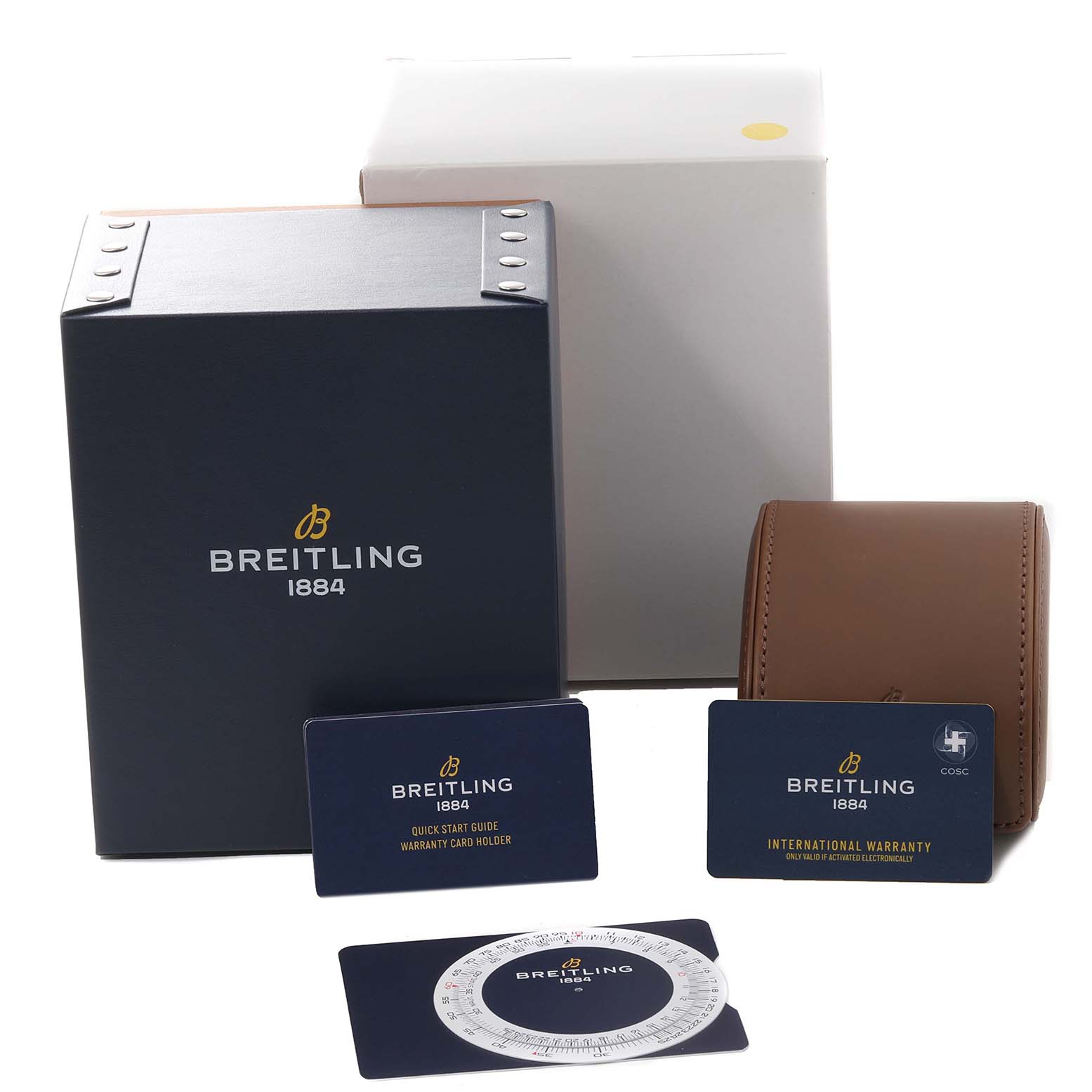 The image shows a Breitling Navitimer RB0120 Men
s Rose Gold Black Dial RB0120 Men
s Rose Gold Black Dial watch box, leather case, warranty card, quick start guide, and a Breitling-branded slide rule.