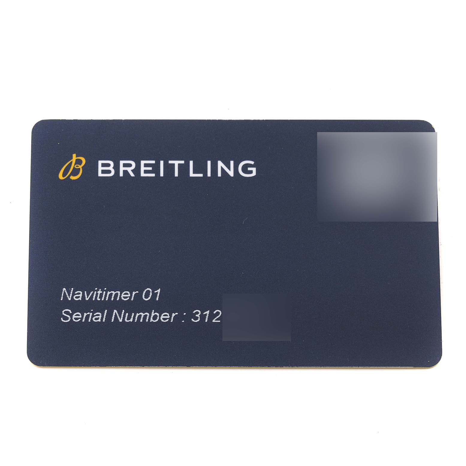 This image shows a warranty card for the Breitling Navitimer RB0120 Men
s Rose Gold Black Dial RB0120 Men
s Rose Gold Black Dial 01, displaying the brand logo, model name, and serial number.