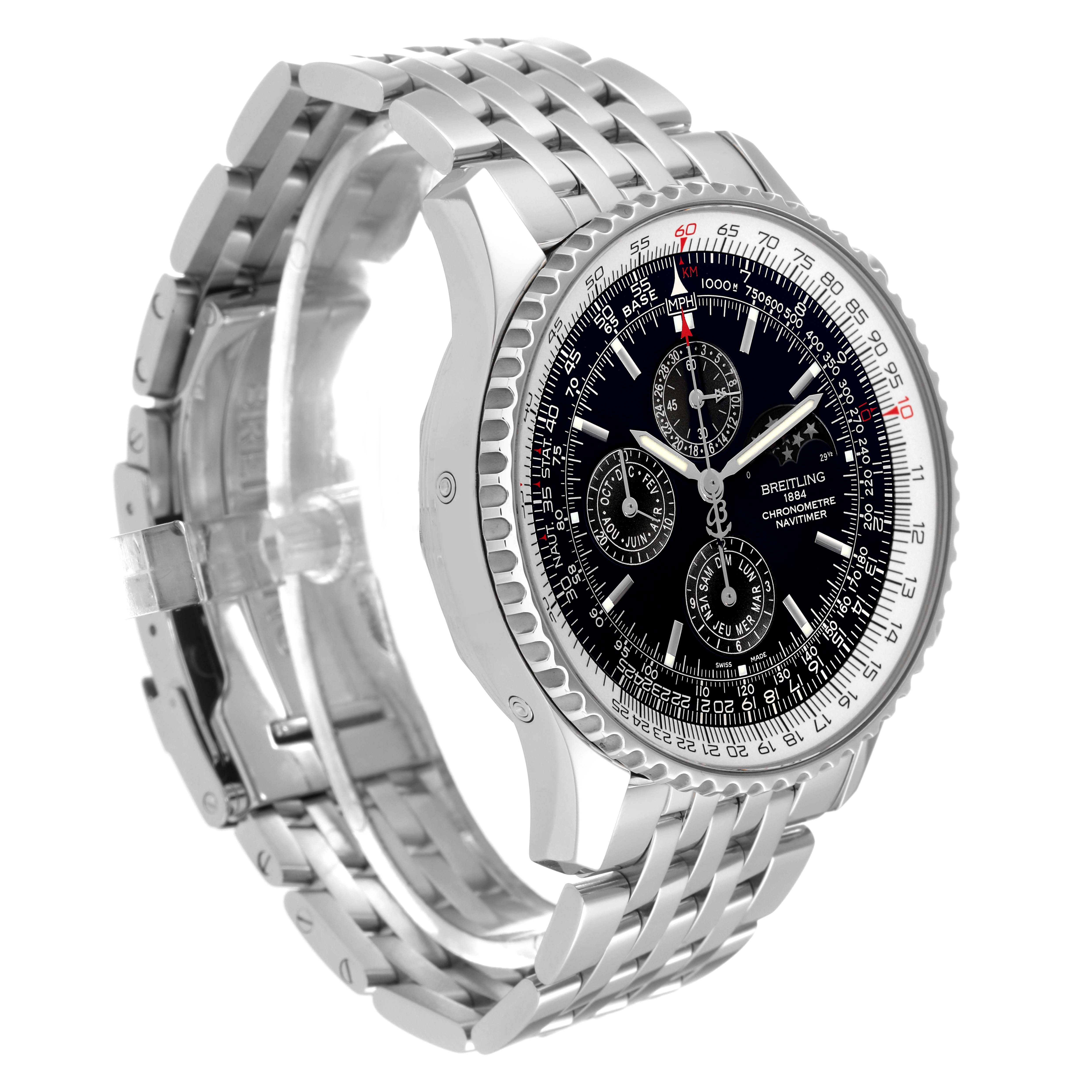 This Breitling Navitimer A19370 Men's Stainless Steel Black Dial A19370 Men's Stainless Steel Black Dial Limited Series watch is shown at a three-quarter angle, displaying its face, bezel, and metal bracelet.